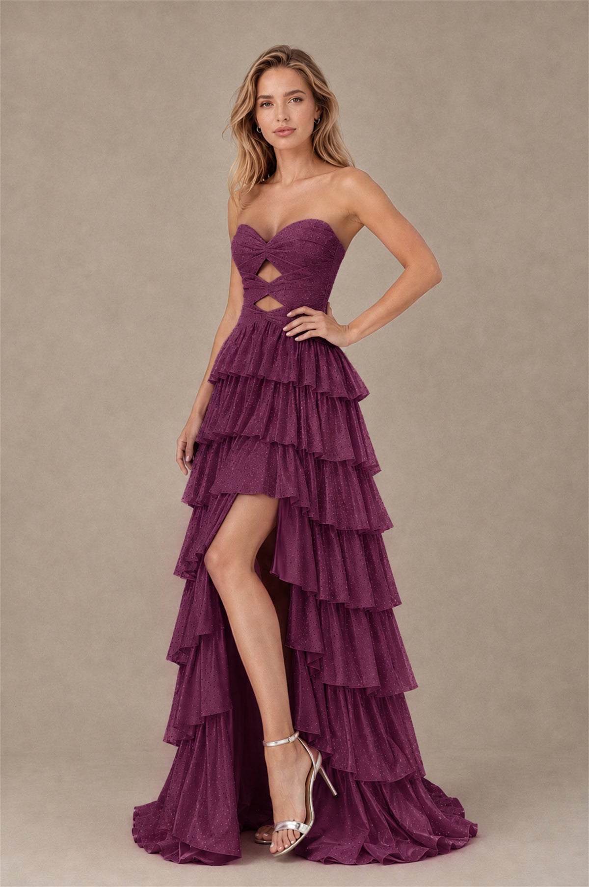 BOLODOO Plum Strapless Cutout Tiered Ruffle Prom Dress with High Slit - Plum - Plum (3)