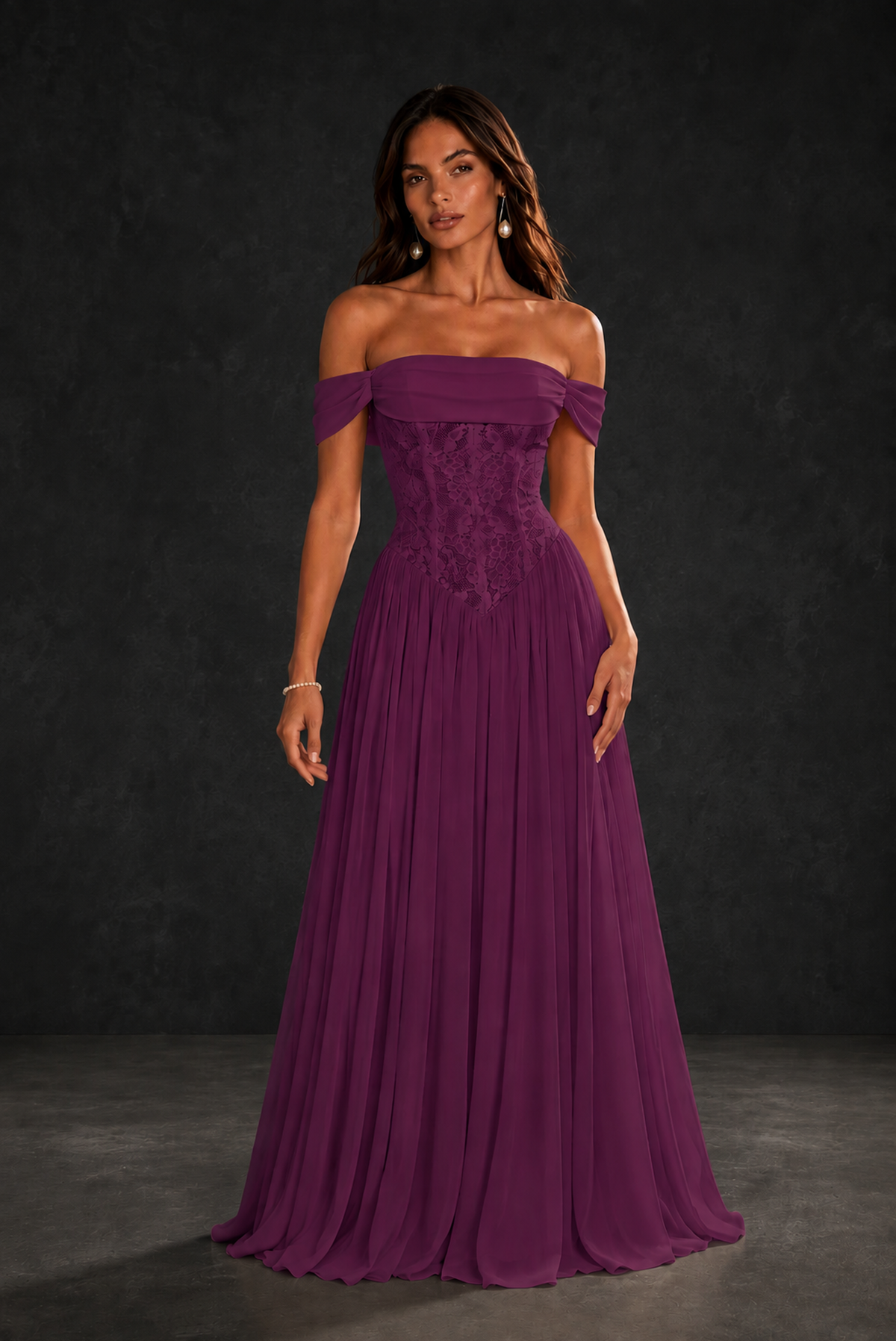 BOLODOO Plum Off-Shoulder Lace Corset Tulle Maxi Dress - Plum