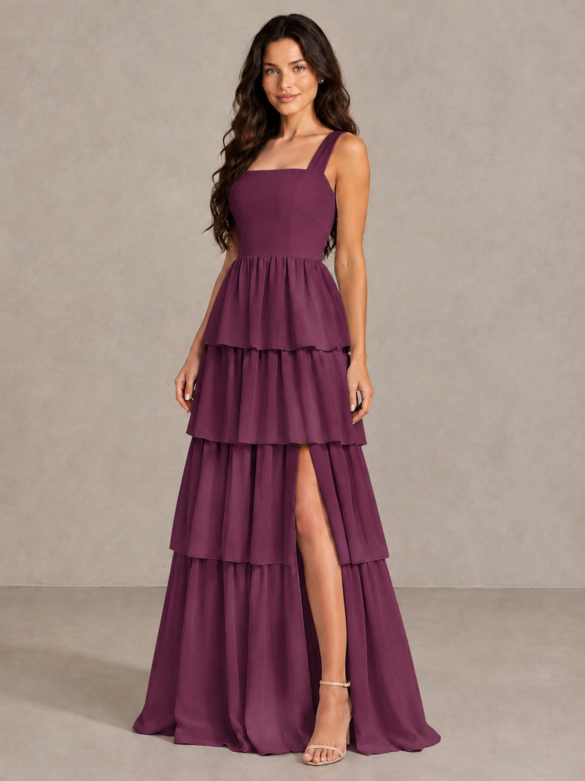 BOLODOO Plum Square Neck Tiered Bridesmaid Dress with Slit - Plum - Plum (3)