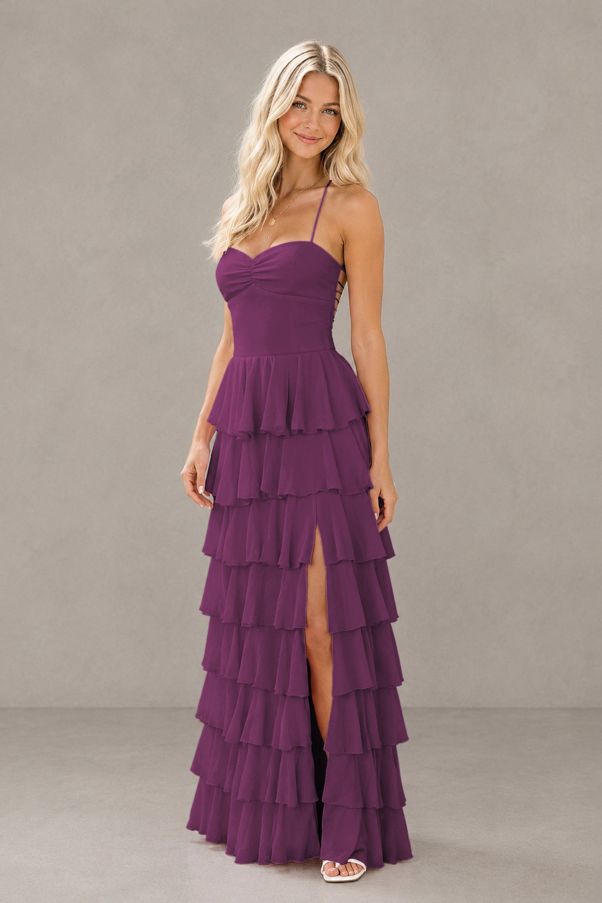 BOLODOO Plum Strapless Tiered Ruffle Maxi Dress with Slit & Lace-Up Back - Plum