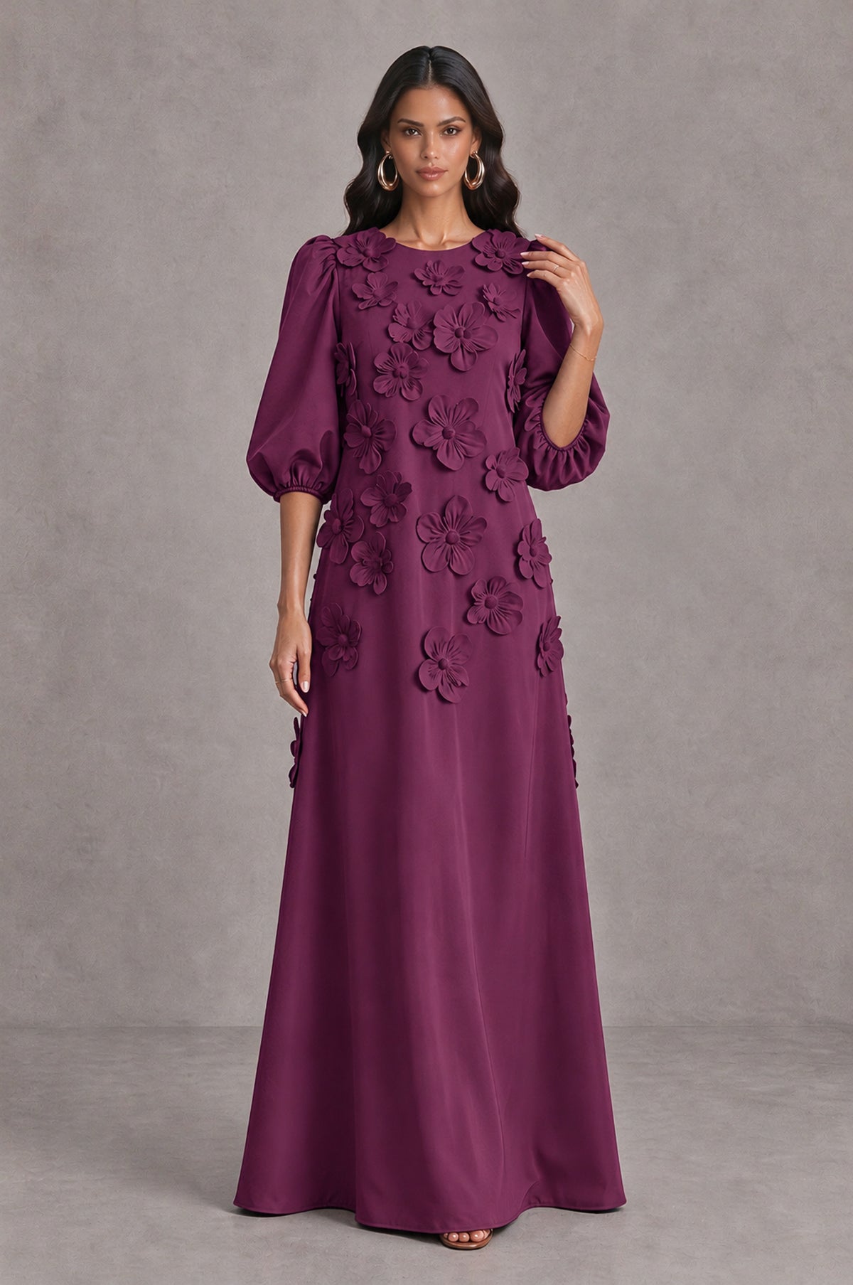 BOLODOO Plum Floral Applique Puff Sleeve A-Line Evening Dress - Plum - Plum (3)