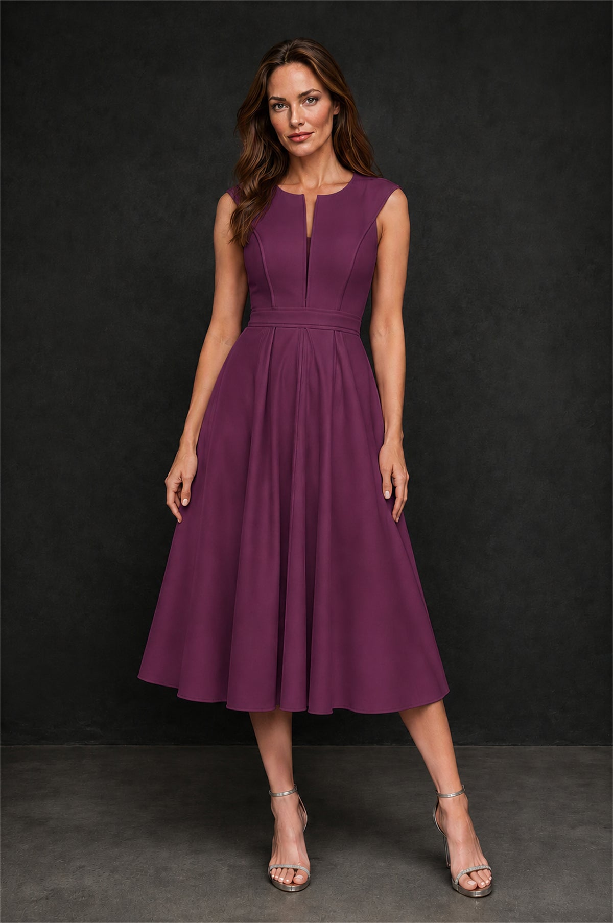 BOLODOO Plum 3D Rosette Appliqué 3/4 Sleeve Jacket & V-Notch Sleeveless A-Line Tea-Length Two-Piece Dress Set - Plum