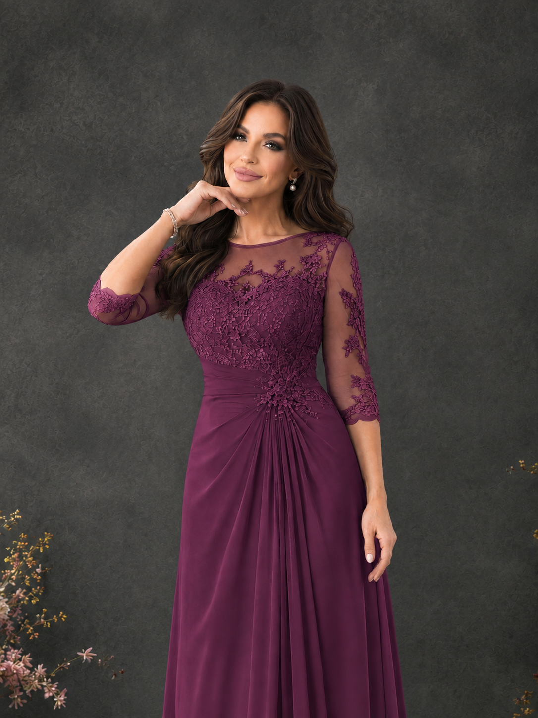BOLODOO Plum Chiffon Lace Illusion Neckline 3/4 Sleeve Floor Length Formal Gown - Plum