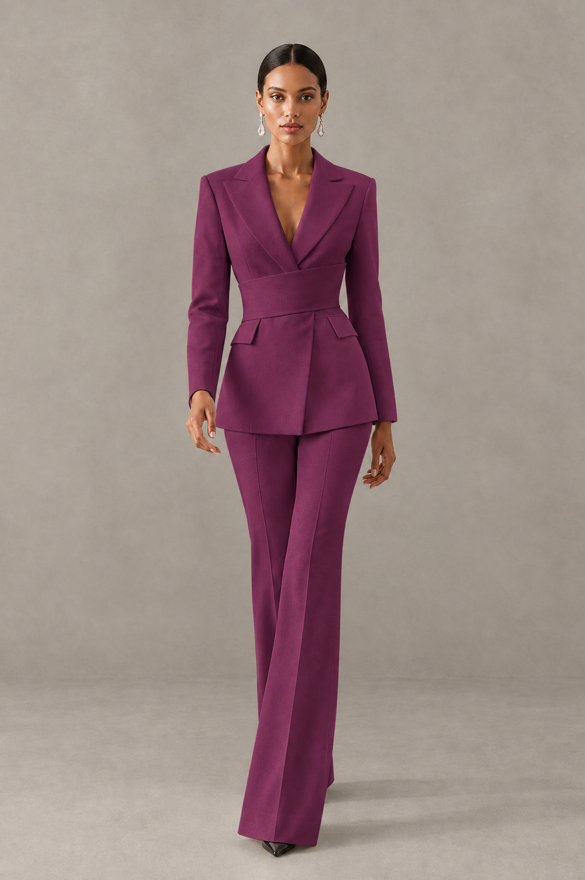 BOLODOO Plum Two-Piece Pantsuit with Tailored Blazer & Flared Pants - Plum - Plum (3)