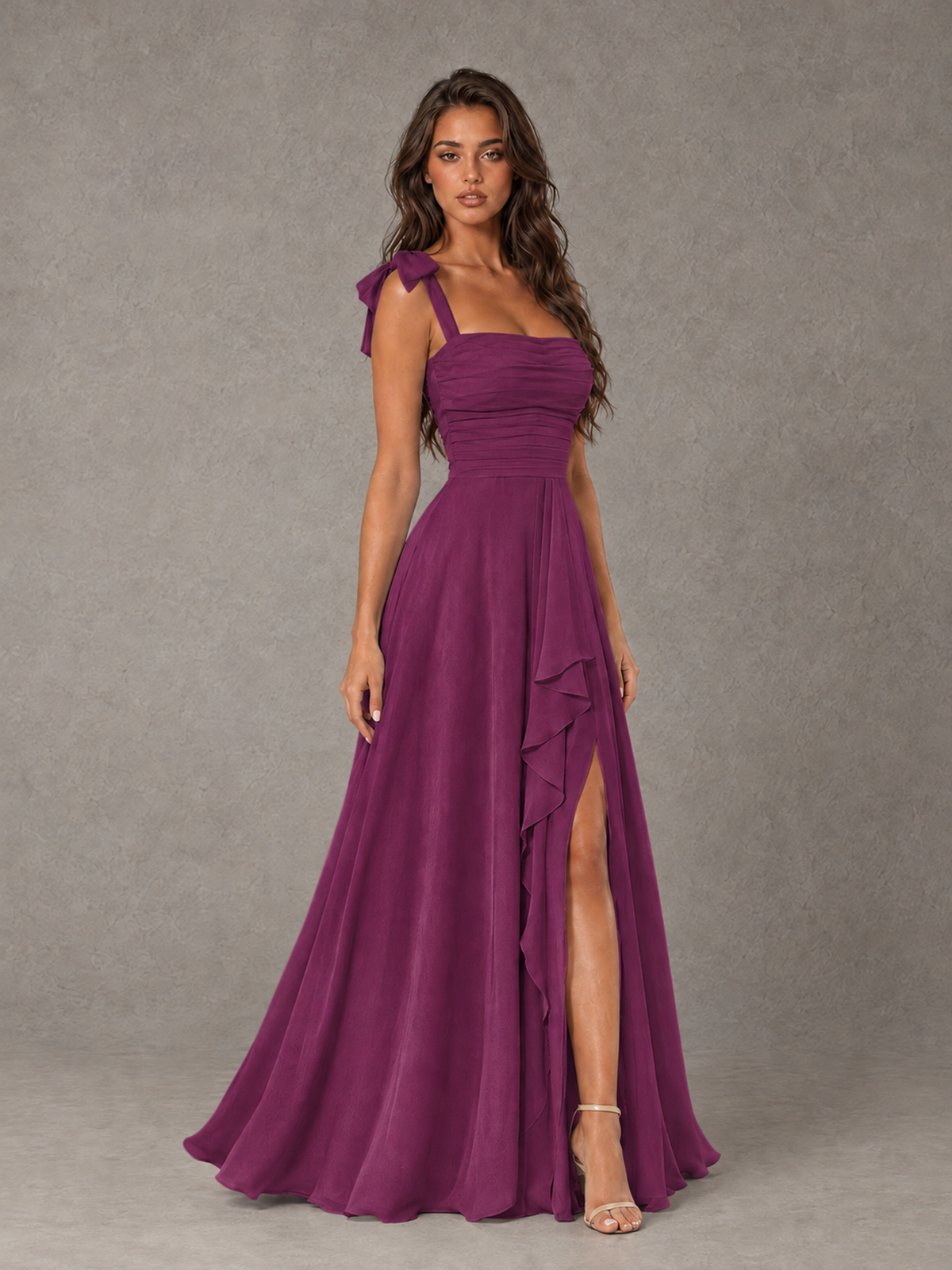 BOLODOO Plum Bow-Strap Bridesmaid Dress with Ruffle Slit - Plum - Plum (3)