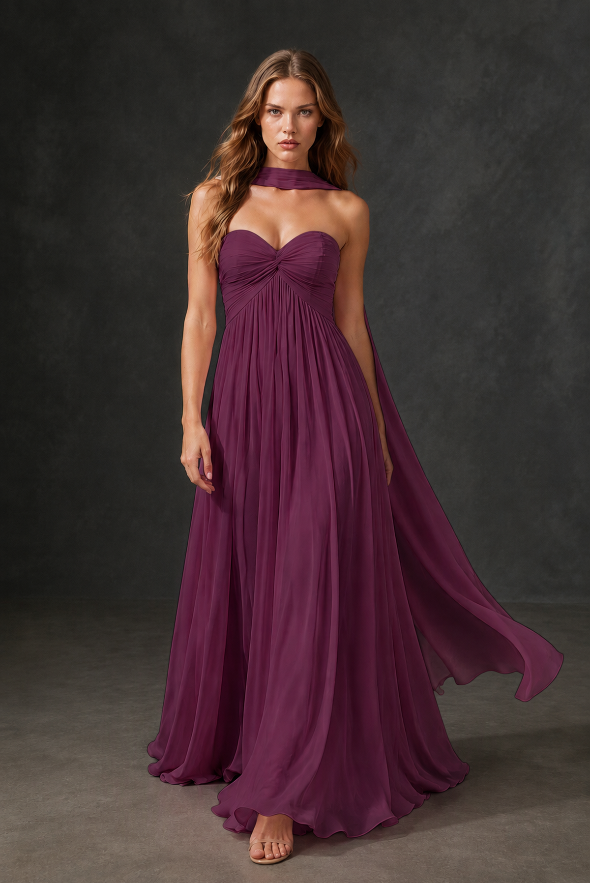 BOLODOO Plum Sweetheart Strapless Twist Knot Detached Halter Scarf Lace-Up Back Empire Waist Chiffon Maxi Dress - Plum