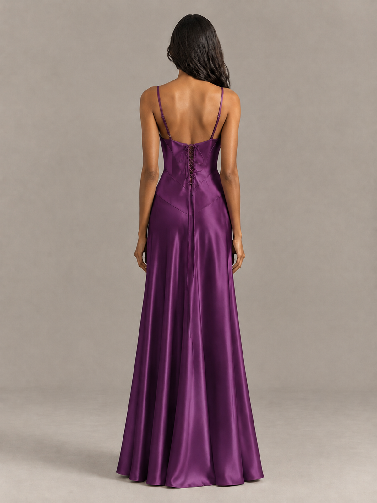 BOLODOO Plum Satin Lace-Up Back Maxi Dress - Plum