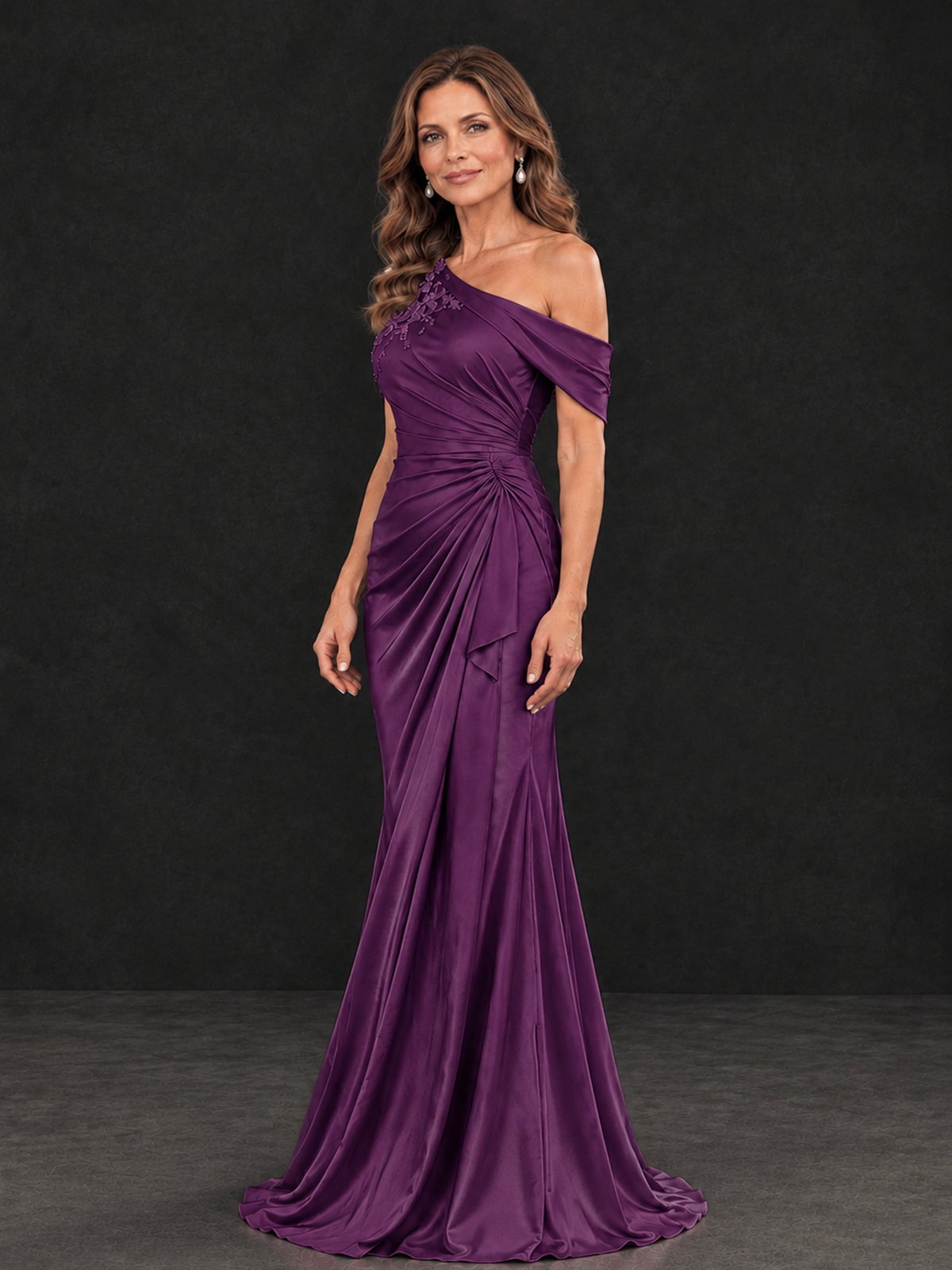 BOLODOO Plum Asymmetric Satin Mother of the Bride Dress with Lace Sleeve - Plum - Plum (3)