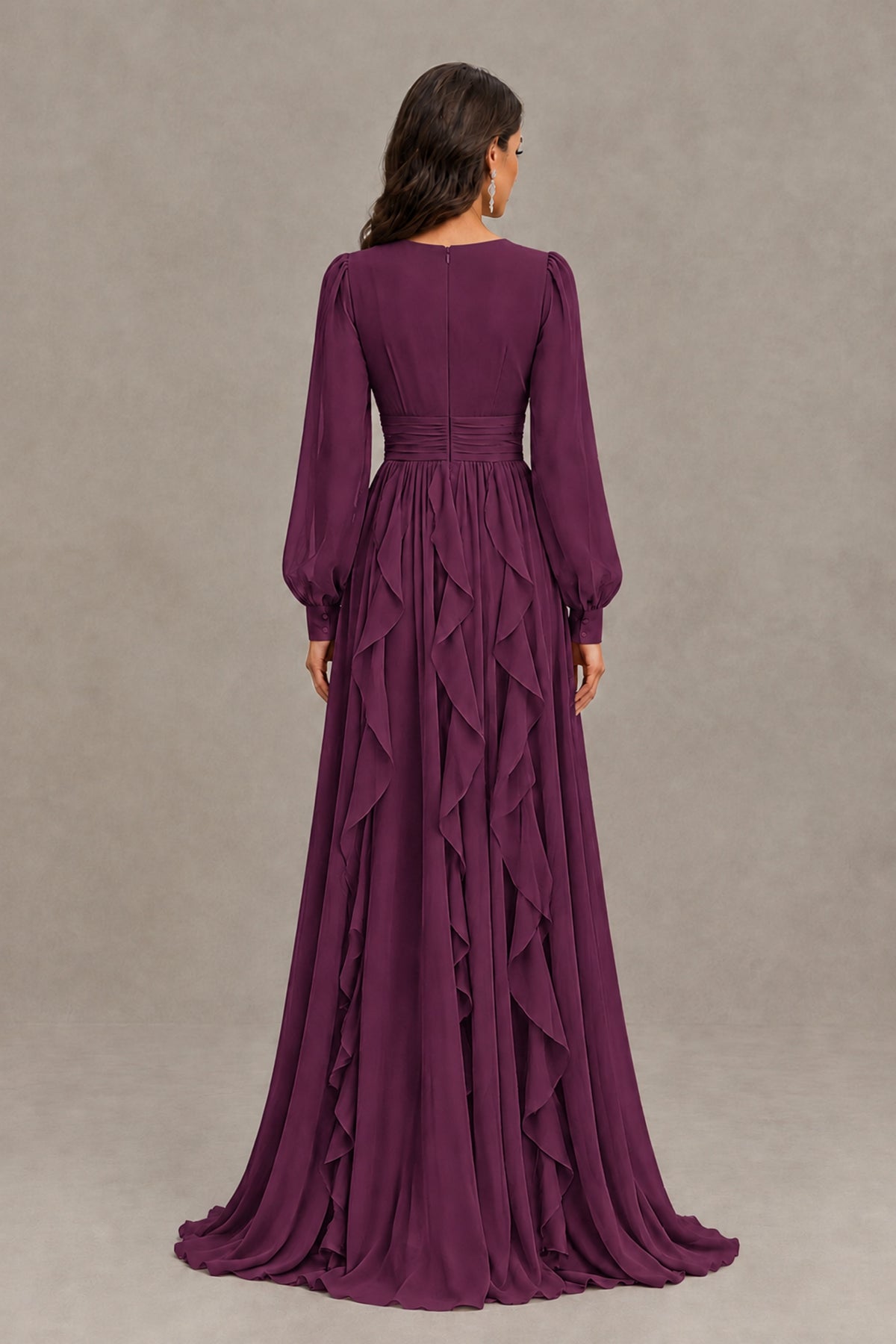 BOLODOO Plum Long Sleeve V-Neck Ruffle Maxi Dress - Plum - Plum (3)