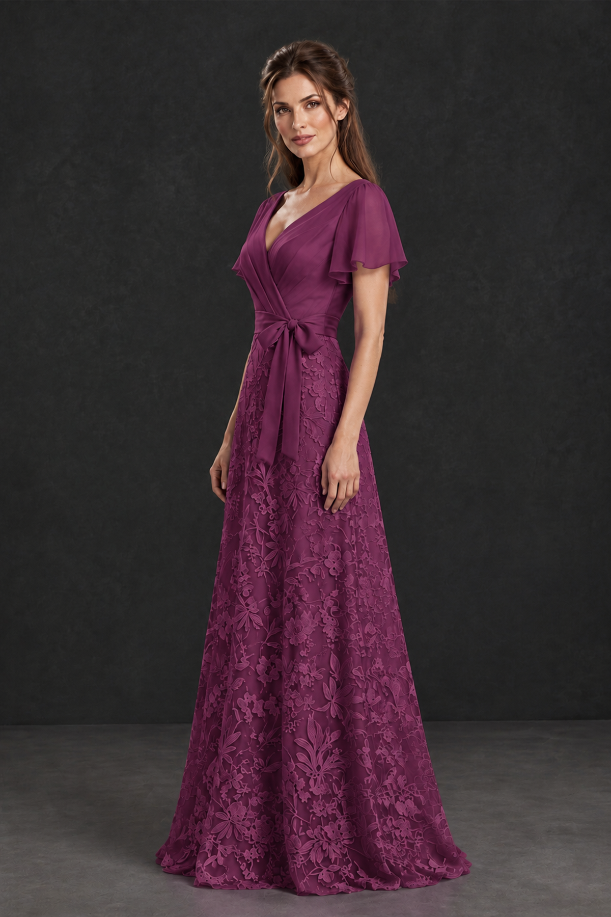 BOLODOO Plum Flutter Sleeve Lace Mother of the Bride Dress - Plum