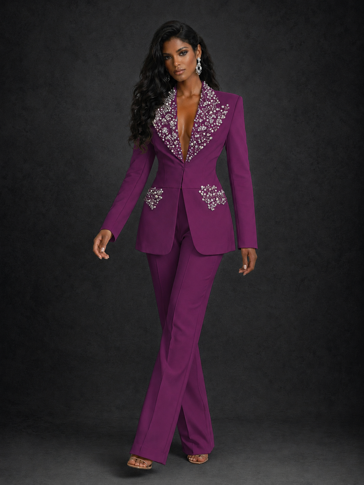 Plum Pearl Rhinestone Floral Deep V-Neck Blazer Wide-Leg Pants Suit Set ...