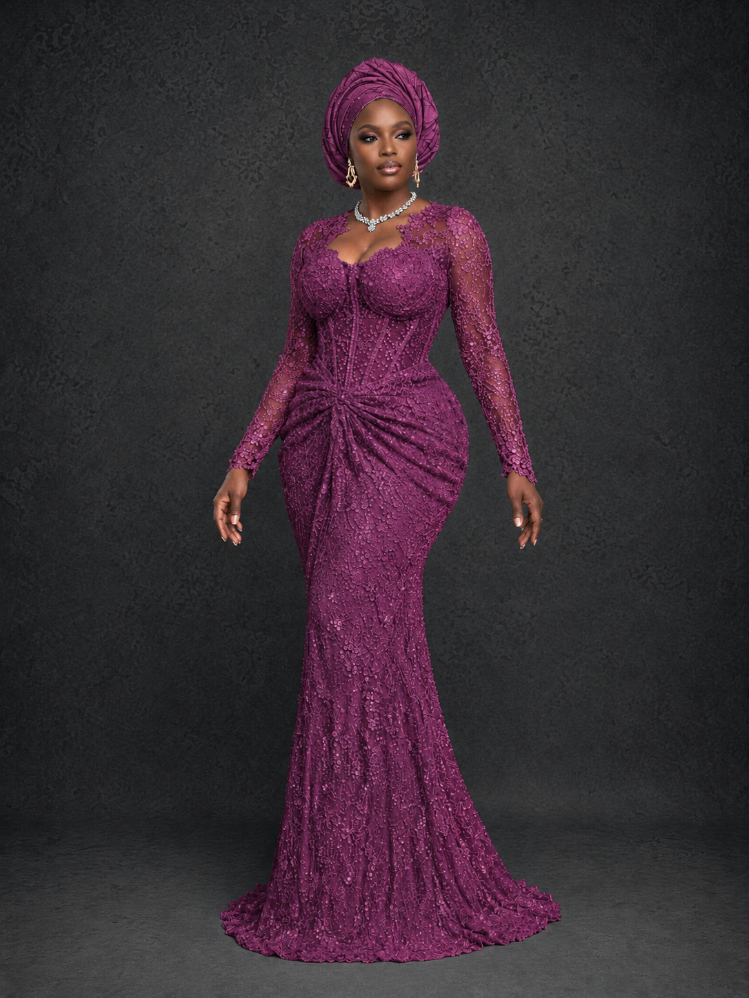 BOLODOO Plum Beaded Lace Long Sleeve Mermaid Gown Sweetheart | Mother of the Bride - Plum