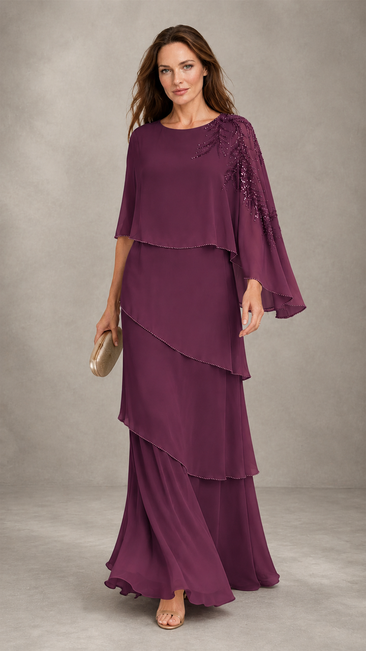 BOLODOO Plum Mocha Asymmetric Cape Sleeve Plum Sequin Embroidered Pearl Trim Tiered Chiffon Gown - Plum