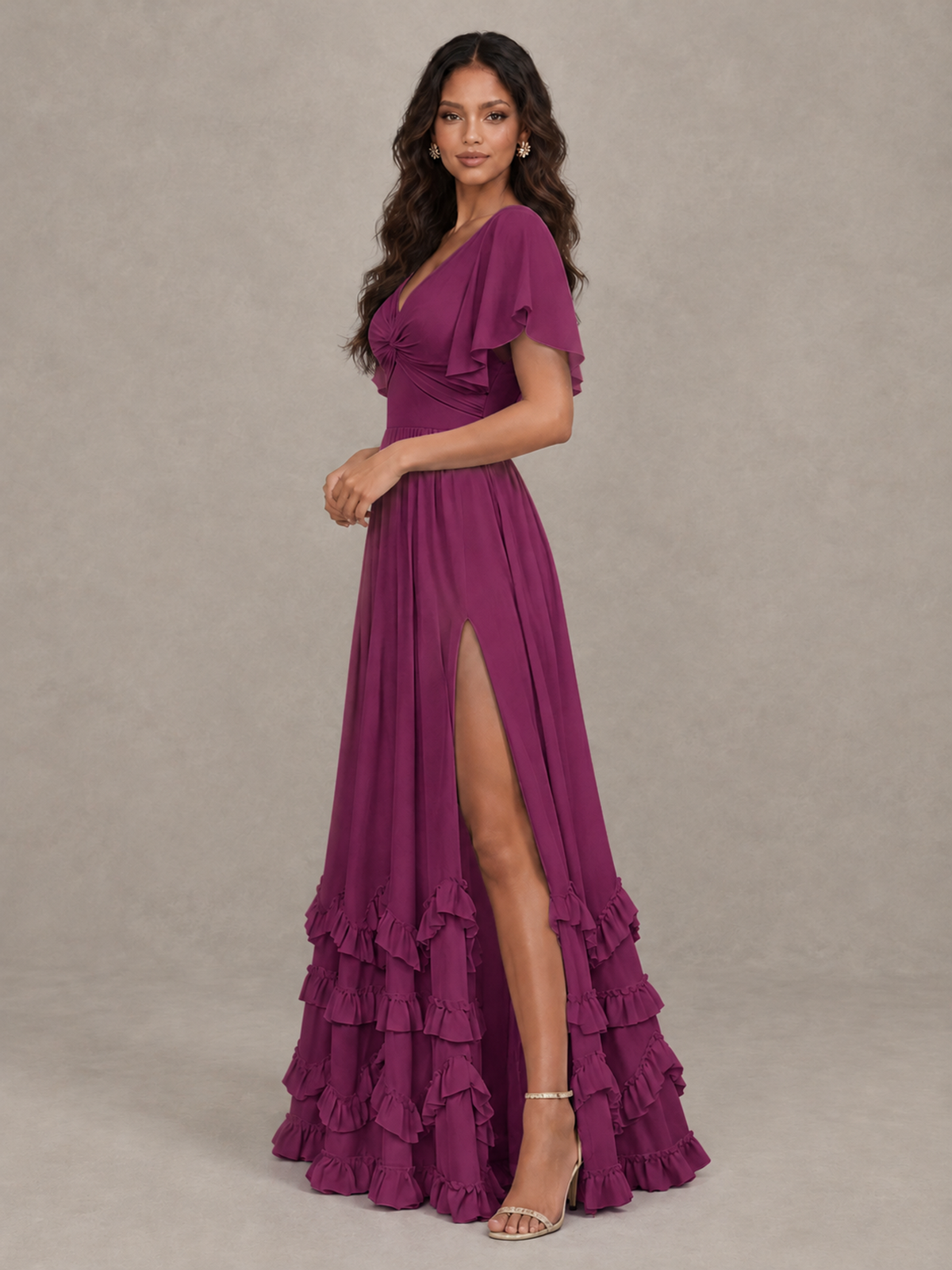 BOLODOO Plum V-Neck Flutter Sleeve Ruffle Bridesmaid Dress with Slit - Plum - Plum (3)