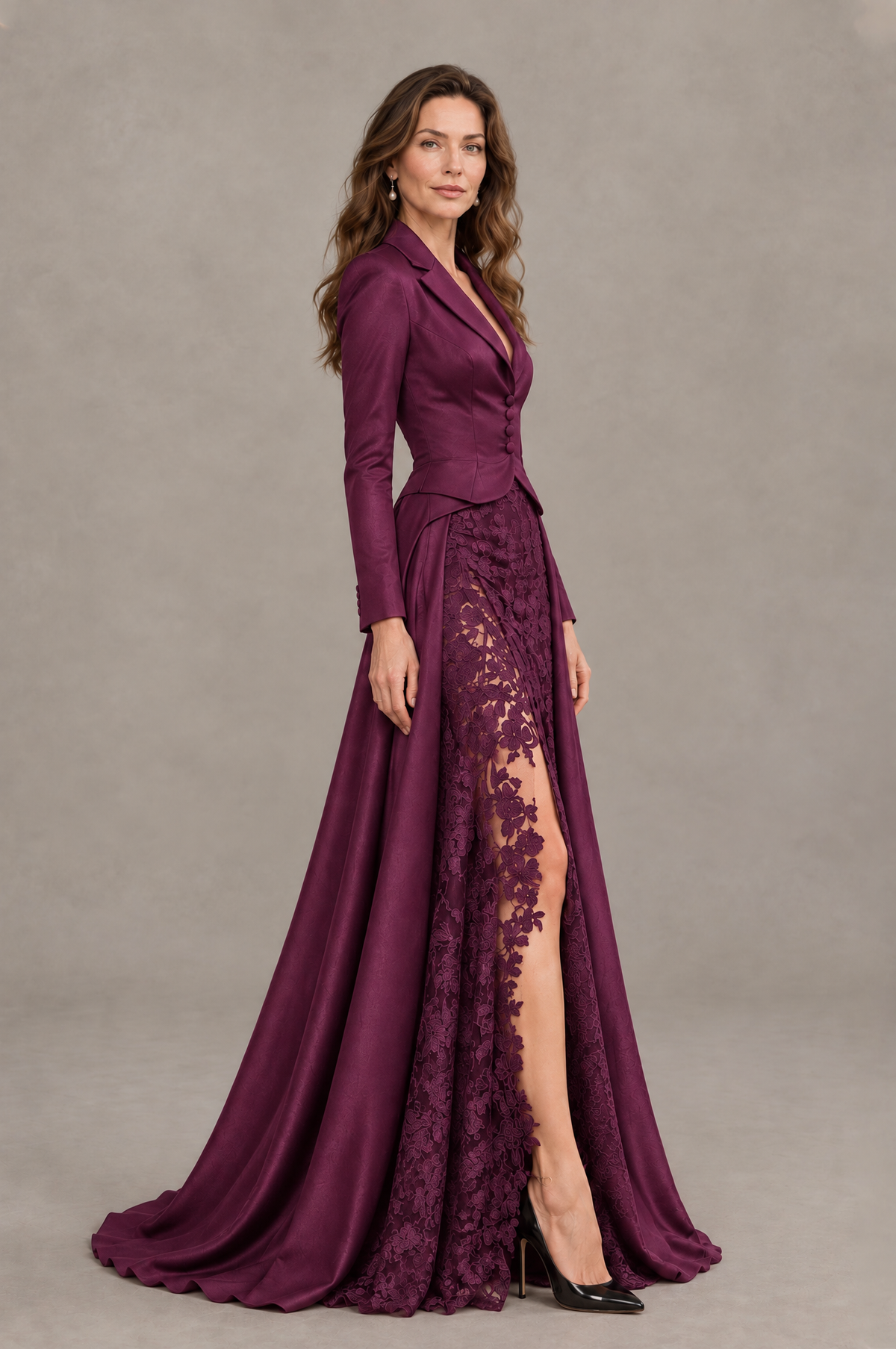 BOLODOO Plum Long Sleeve Lace Blazer Gown with High Slit - Plum - Plum (3)