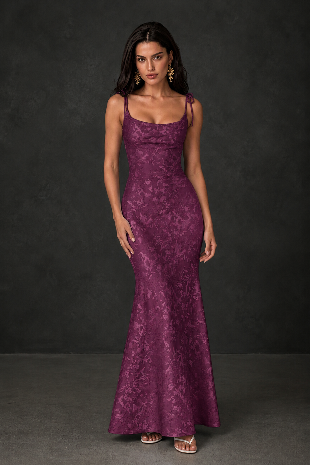 BOLODOO Plum Scoop Neck Tie Strap Lace-Up Back Floral Jacquard Mermaid Maxi Dress - Plum