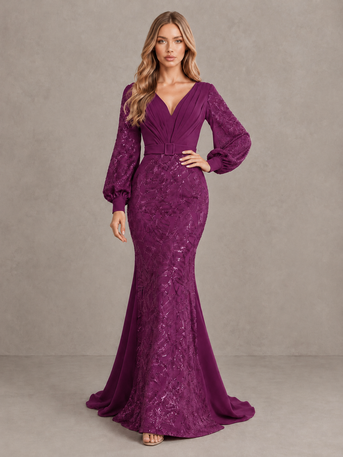 BOLODOO Plum Sequin Long Bishop Sleeve Mermaid Evening Dress - Plum - Plum (3)