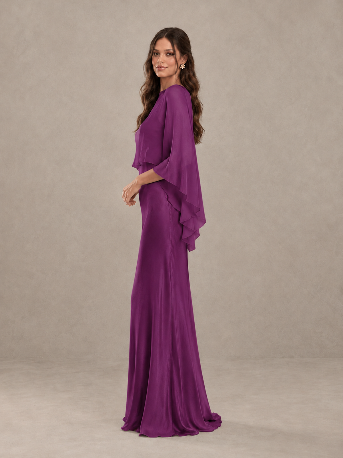 BOLODOO Plum Satin Mermaid Bridesmaid Dress with Chiffon Cape - Plum - Plum (3)