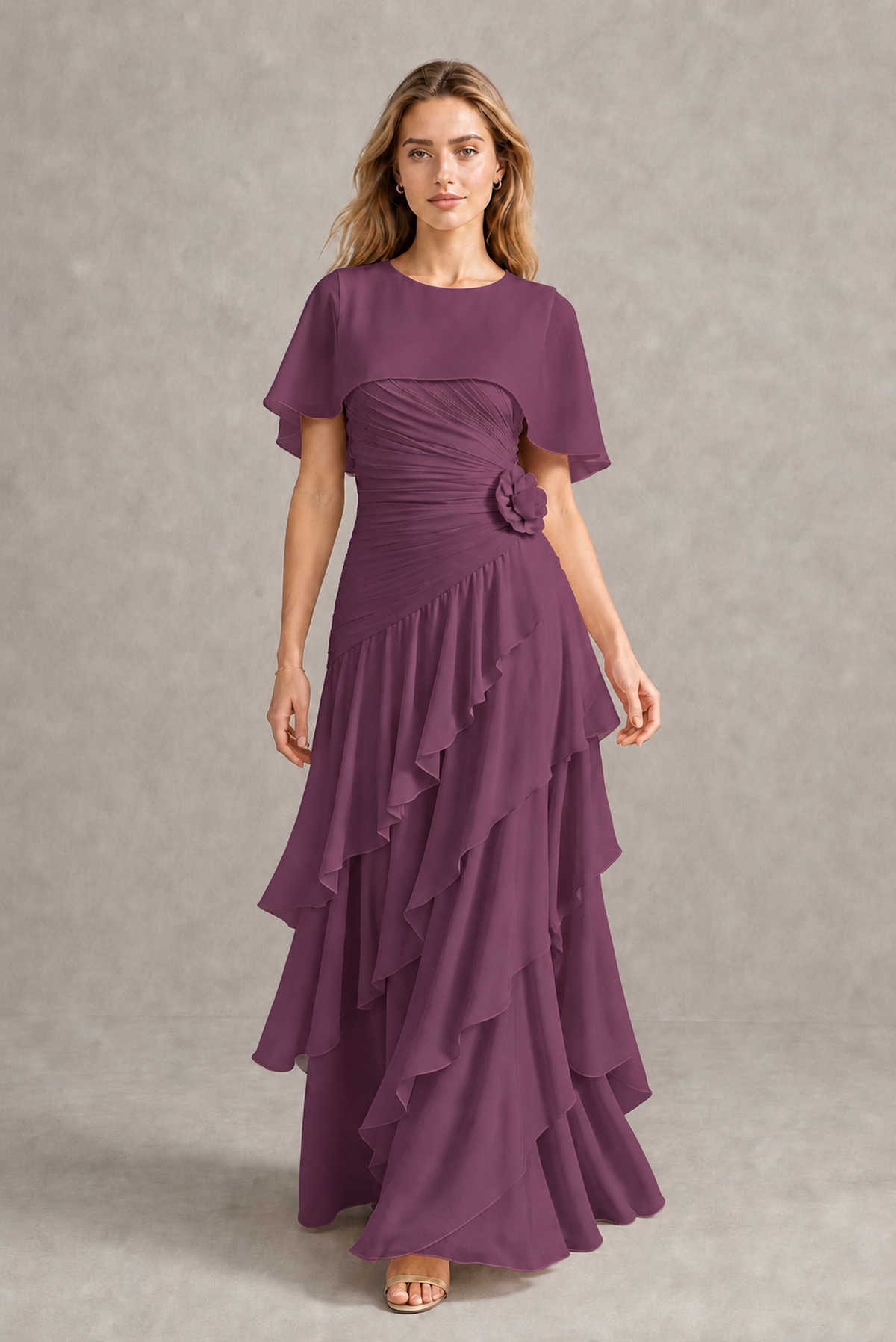 BOLODOO Plum Chiffon Flutter Sleeve Tiered Maxi Dress with 3D Rosette - Plum