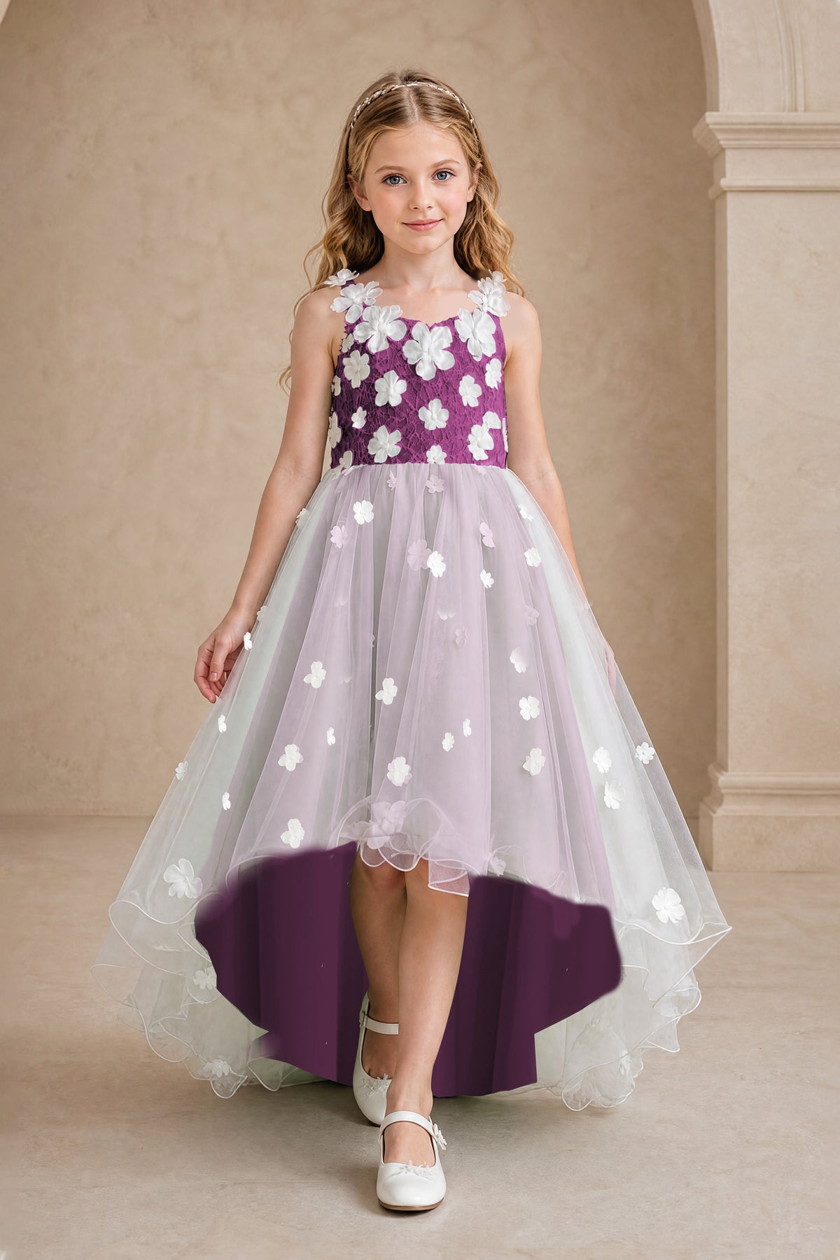 BOLODOO Plum Flower Girl Dress with Floral Appliqué and High-Low Tulle Skirt - Plum