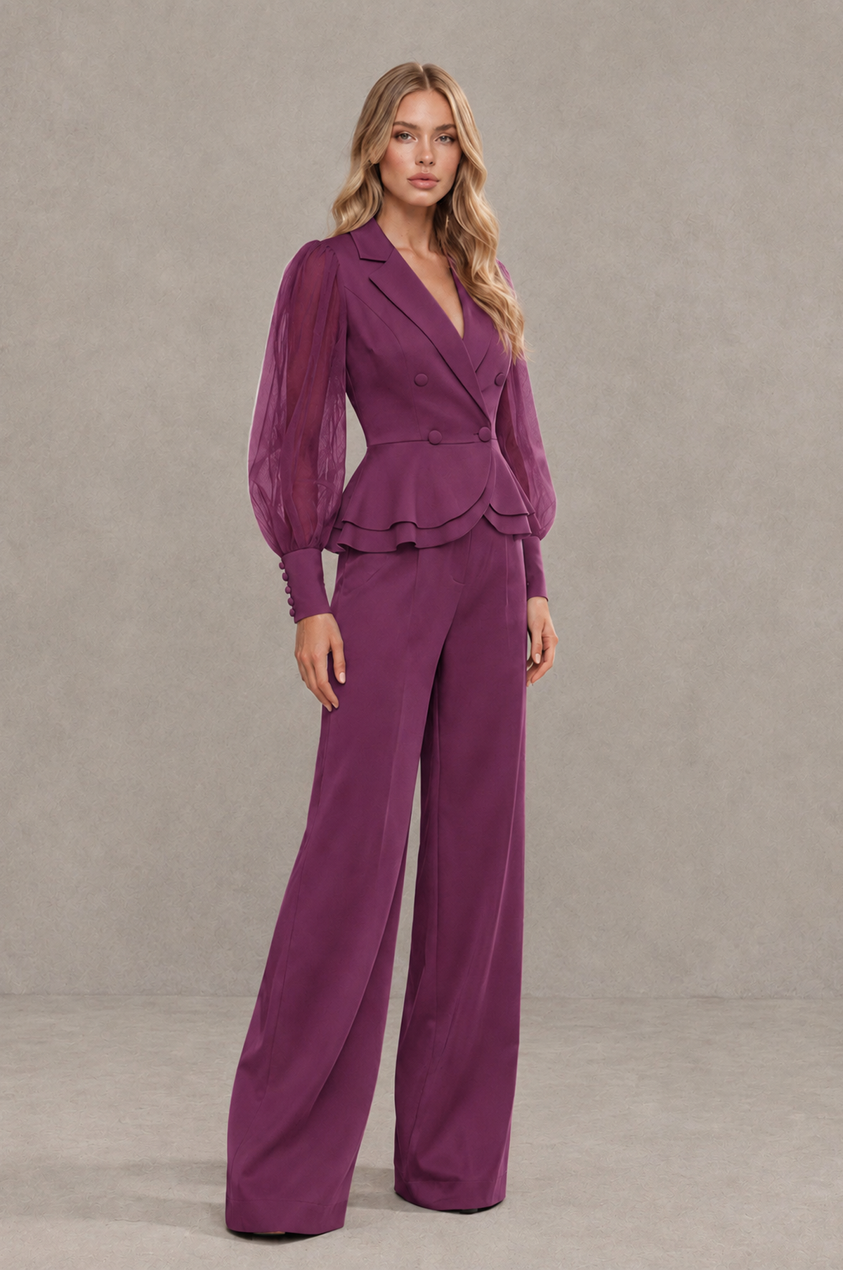 BOLODOO Mint Plum Peplum Blazer Wide-Leg Pantsuit with Sheer Puff Sleeves - Plum