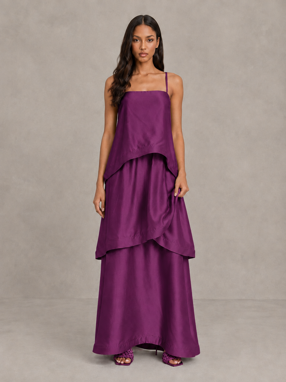 BOLODOO Plum Satin Tiered Maxi Dress with Spaghetti Straps - Plum