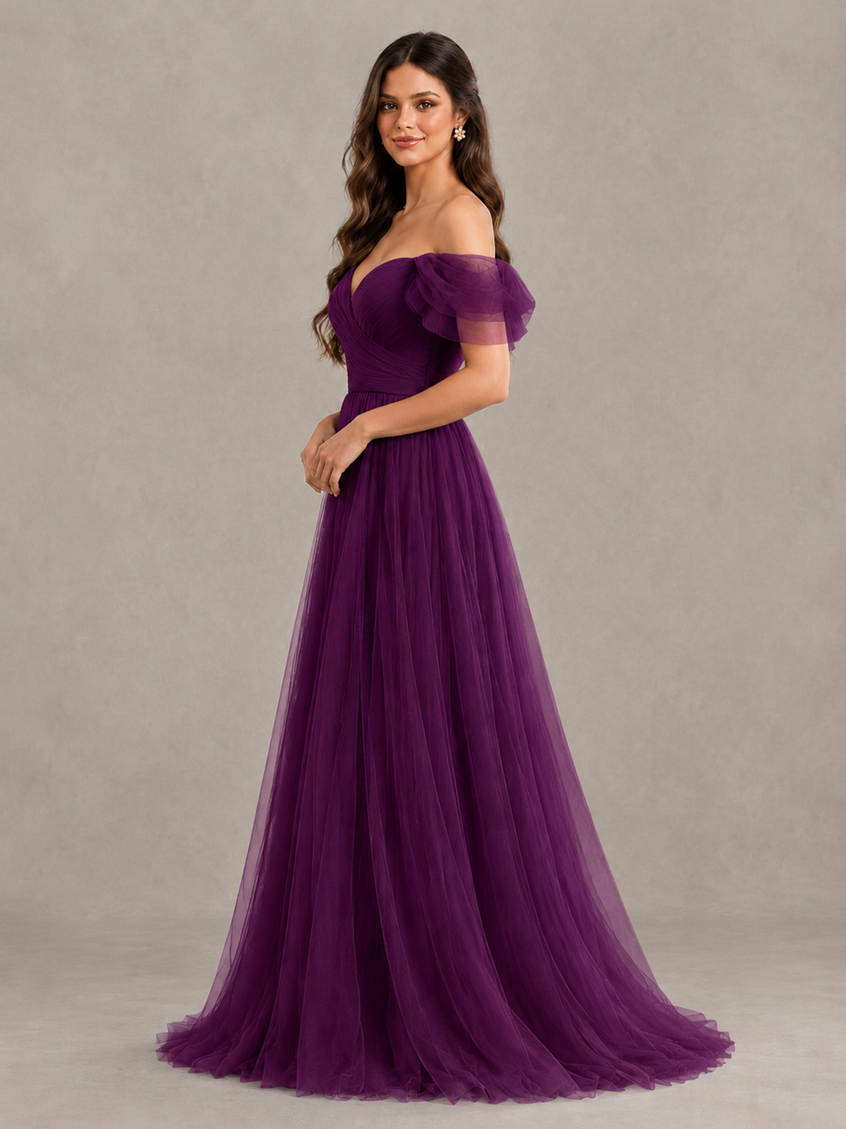 BOLODOO Plum Off-the-Shoulder Ruffle Sleeve A-Line Bridesmaid Dress - Plum - Plum (3)