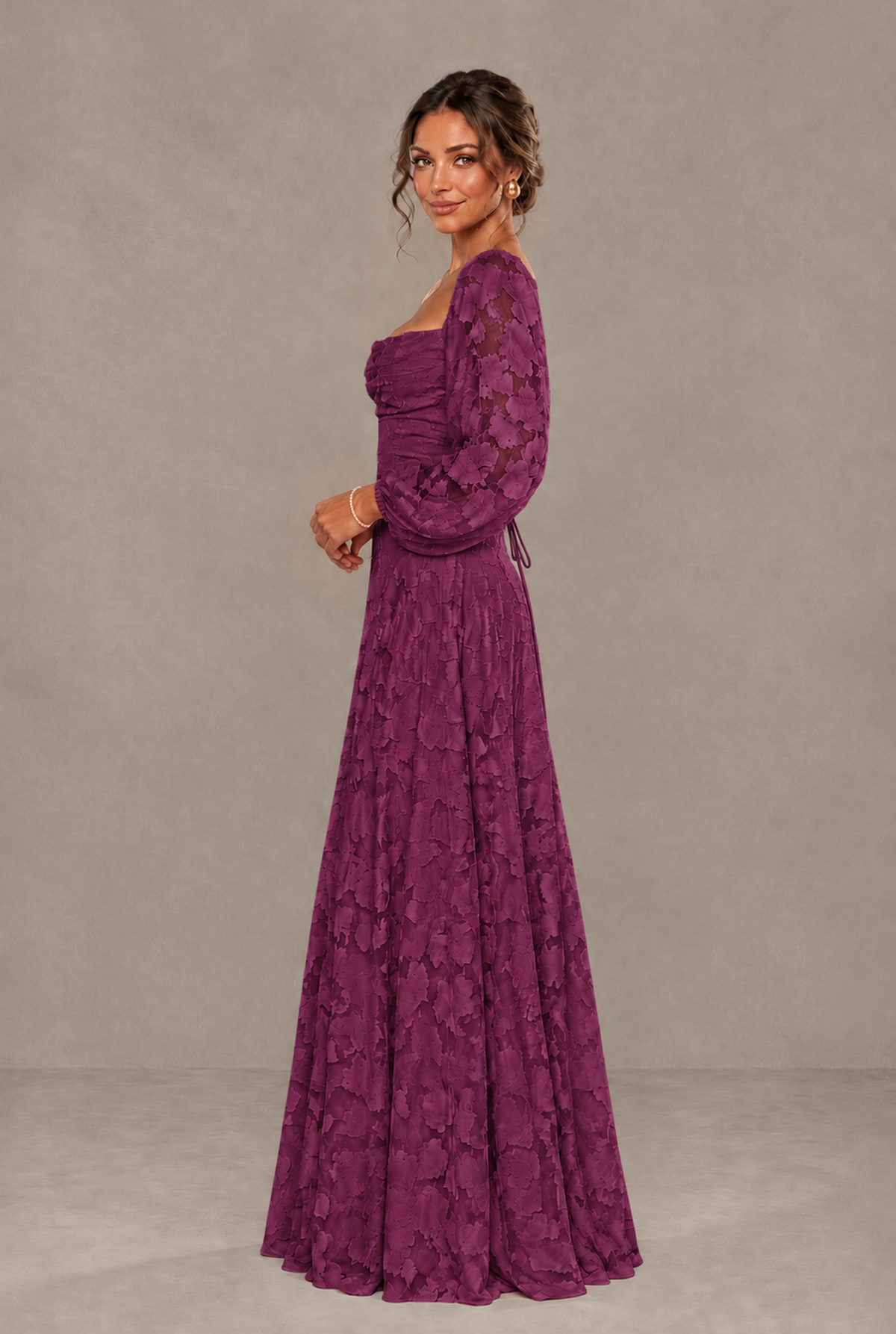 BOLODOO Floral Plum Long Sleeve A-Line Dress with Lace-Up Back - Plum