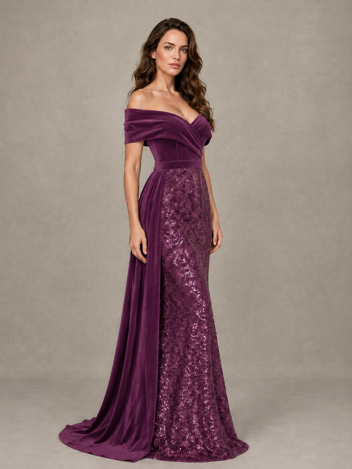 BOLODOO Plum Off-Shoulder Velvet & Sequin Evening Gown with Side Train - Plum - Plum (3)