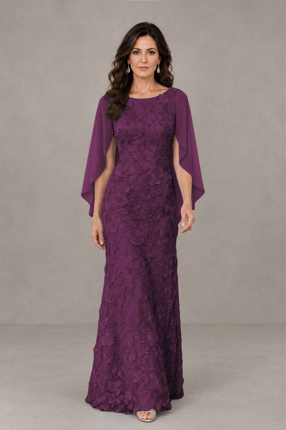 BOLODOO Plum Lace Mother of the Bride Dress with Cape Sleeves - Plum