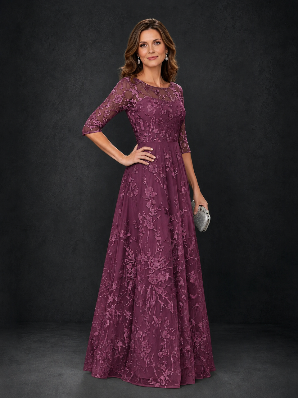 BOLODOO Plum Illusion Bateau Neck 3/4 Sleeve Floral Lace A-Line Mother of the Bride Dress MX007 - Plum