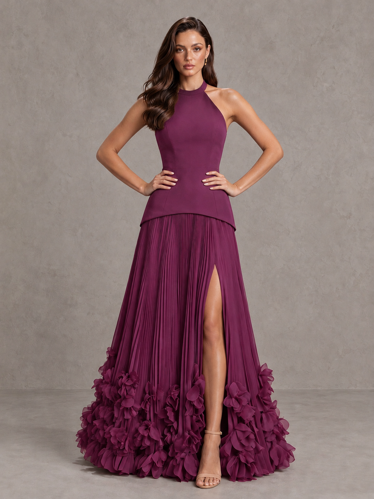 BOLODOO Plum Halter Neck Floor-Length Evening Gown with High Slit & 3D Floral Hem - Plum - Plum (4)