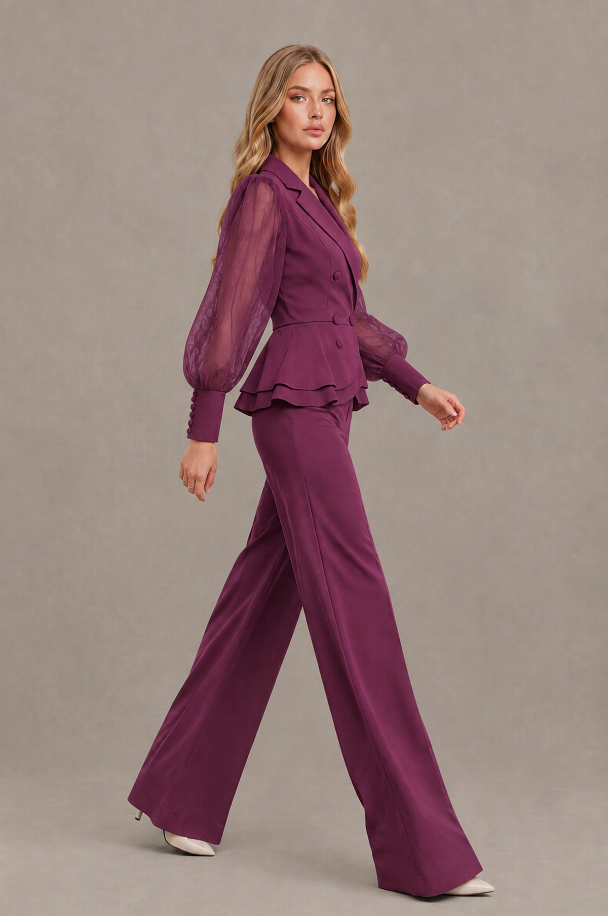 BOLODOO Mint Plum Peplum Blazer Wide-Leg Pantsuit with Sheer Puff Sleeves - Plum