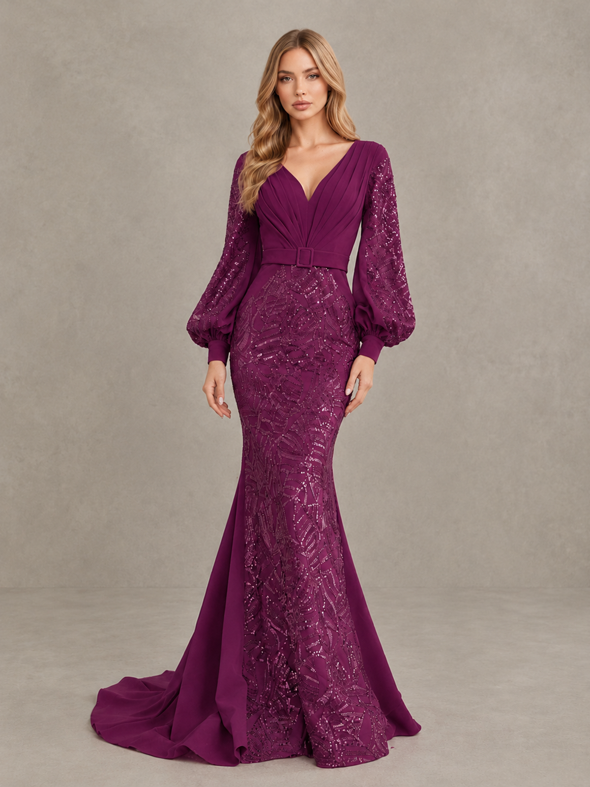 BOLODOO Plum Sequin Long Bishop Sleeve Mermaid Evening Dress - Plum - Plum (4)