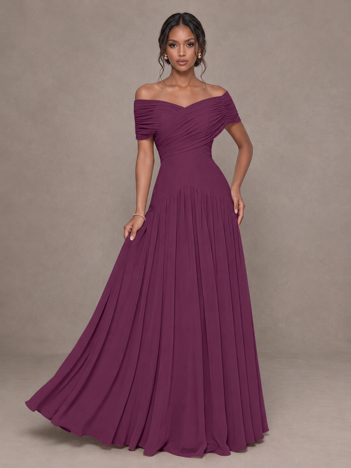 BOLODOO Plum Off-Shoulder Ruched A-Line Bridesmaid Dress - Plum - Plum (4)
