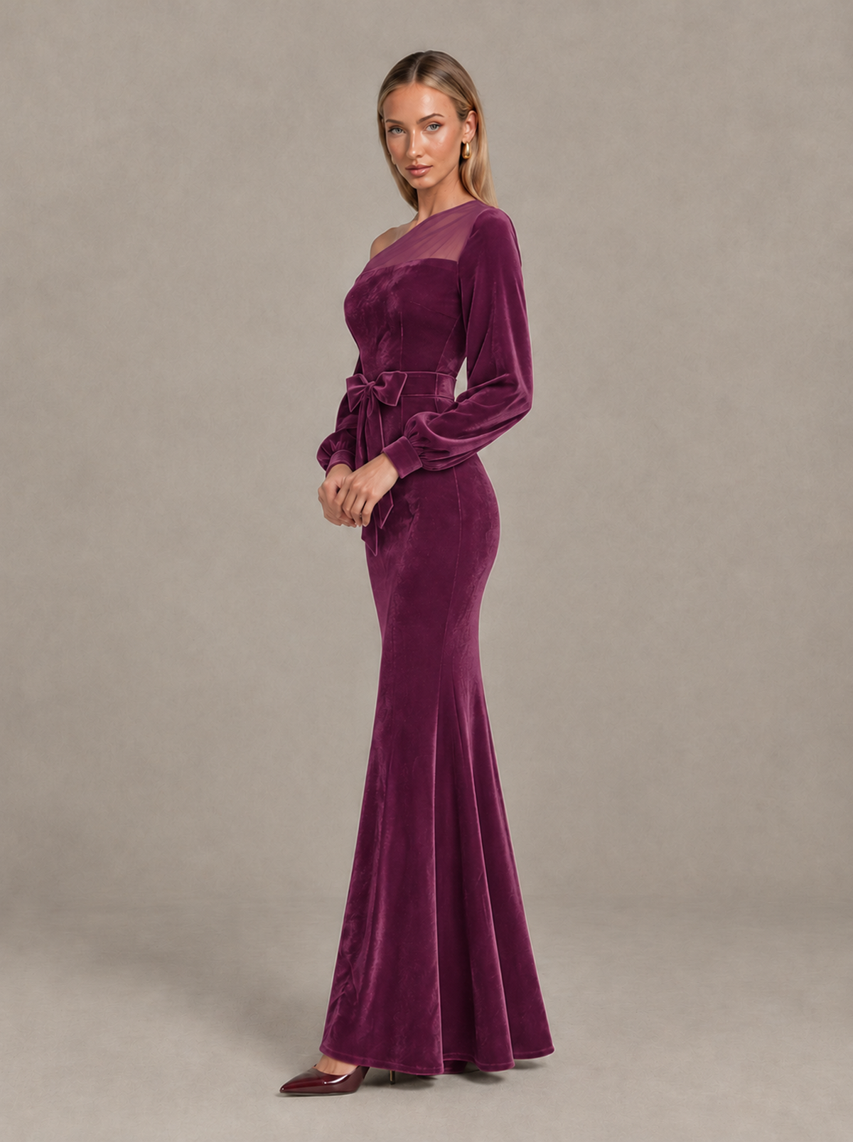 BOLODOO Plum Velvet Mermaid Evening Dress with Long Sleeves - Plum - Plum (4)