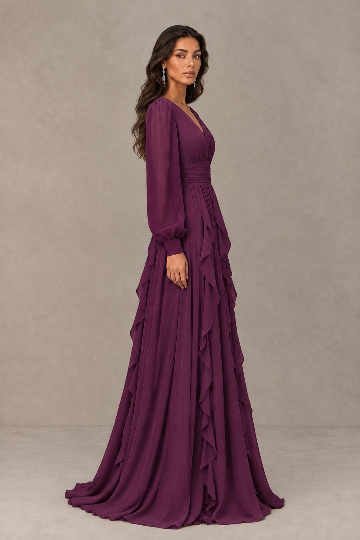 BOLODOO Plum Long Sleeve V-Neck Ruffle Maxi Dress - Plum - Plum (4)