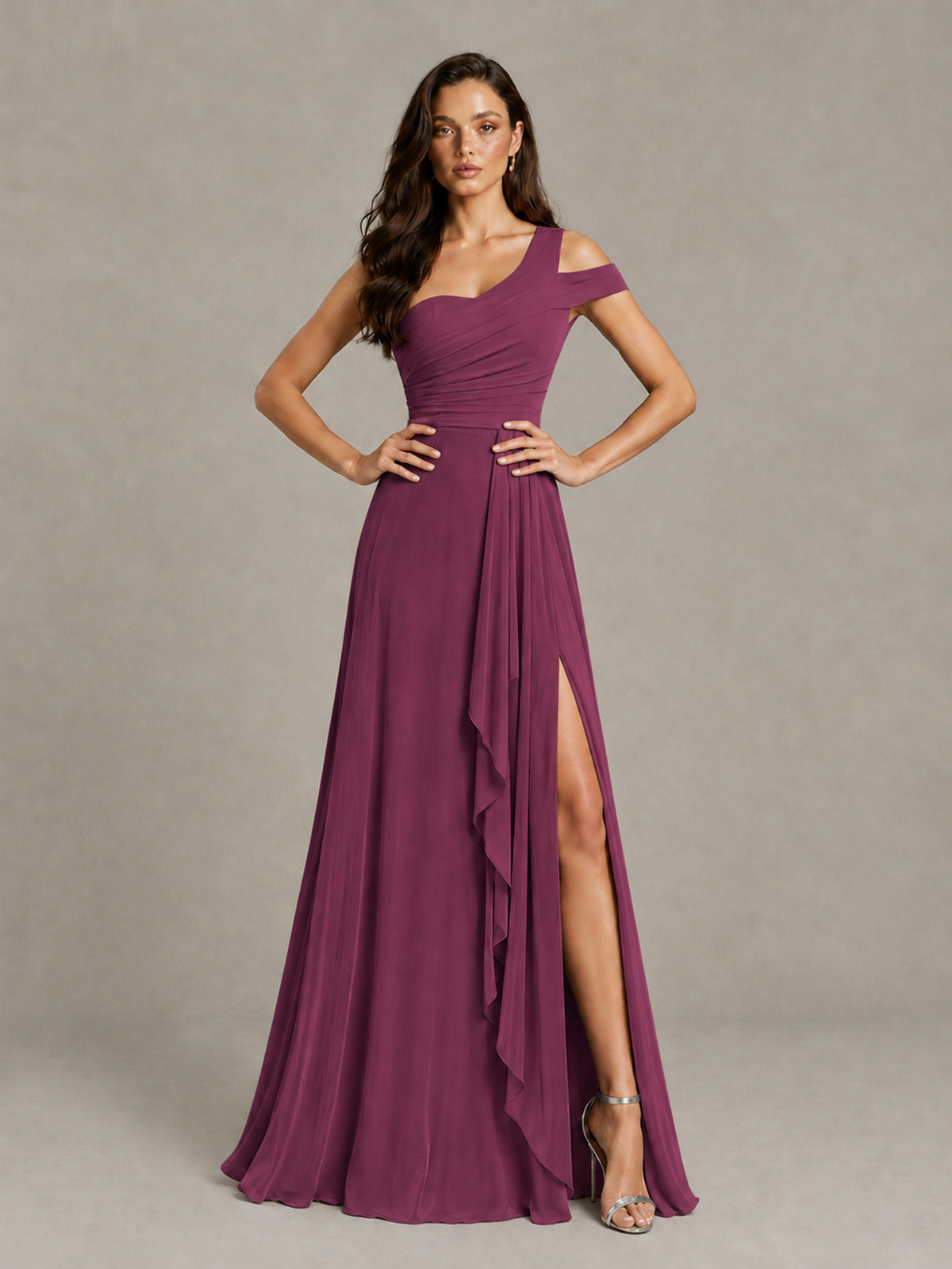 BOLODOO Plum One-Shoulder Bridesmaid Dress with Side Slit - Plum - Plum (4)