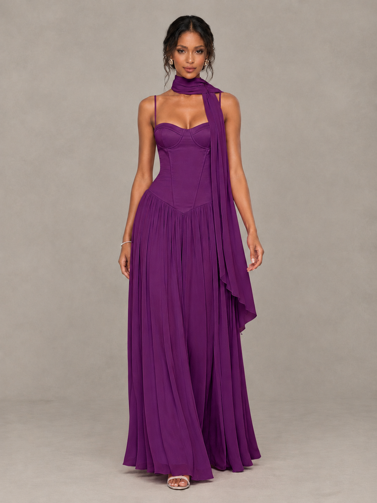 BOLODOO Plum Corset Bridesmaid Dress with Scarf - Plum - Plum (4)