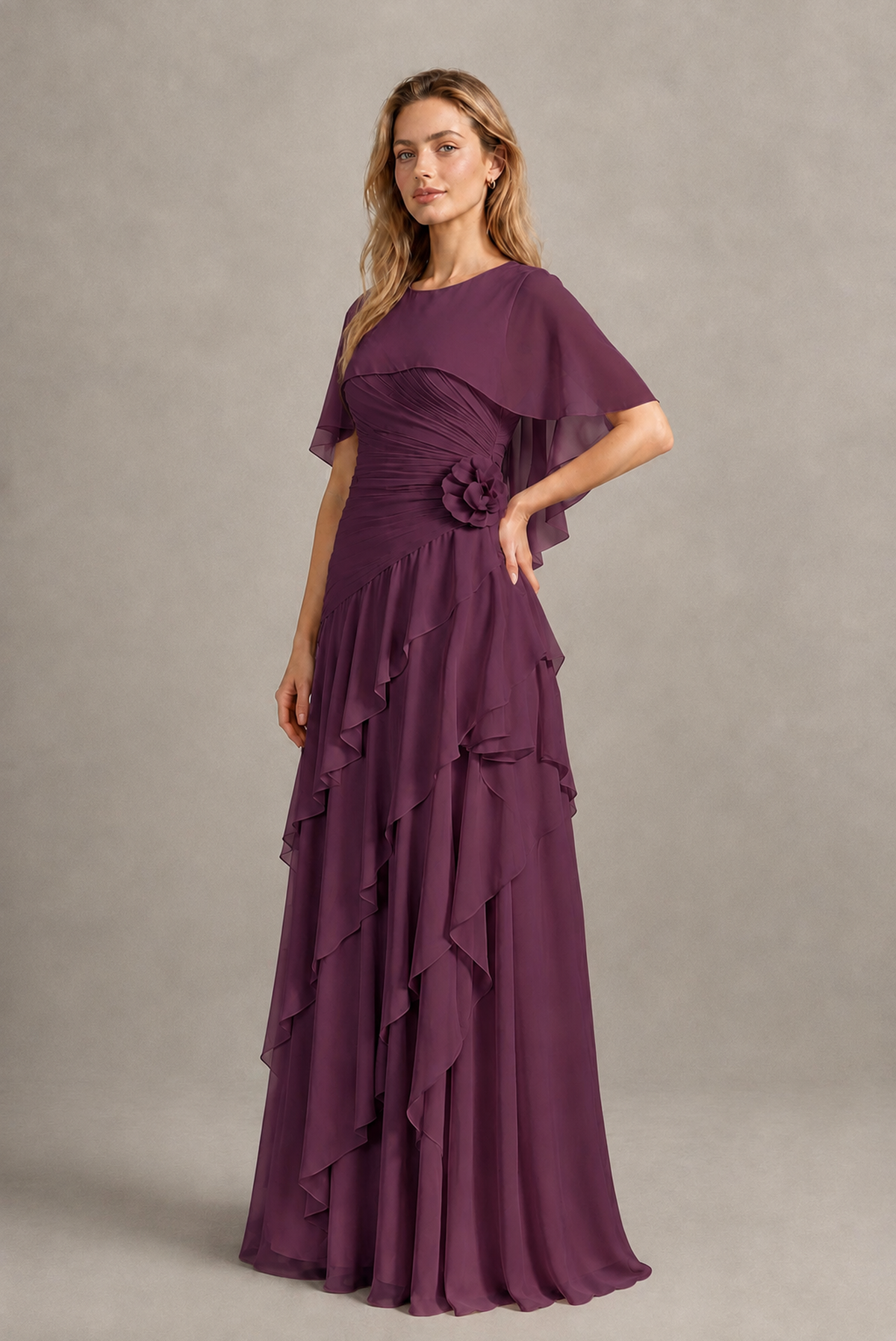 BOLODOO Plum Chiffon Flutter Sleeve Tiered Maxi Dress with 3D Rosette - Plum