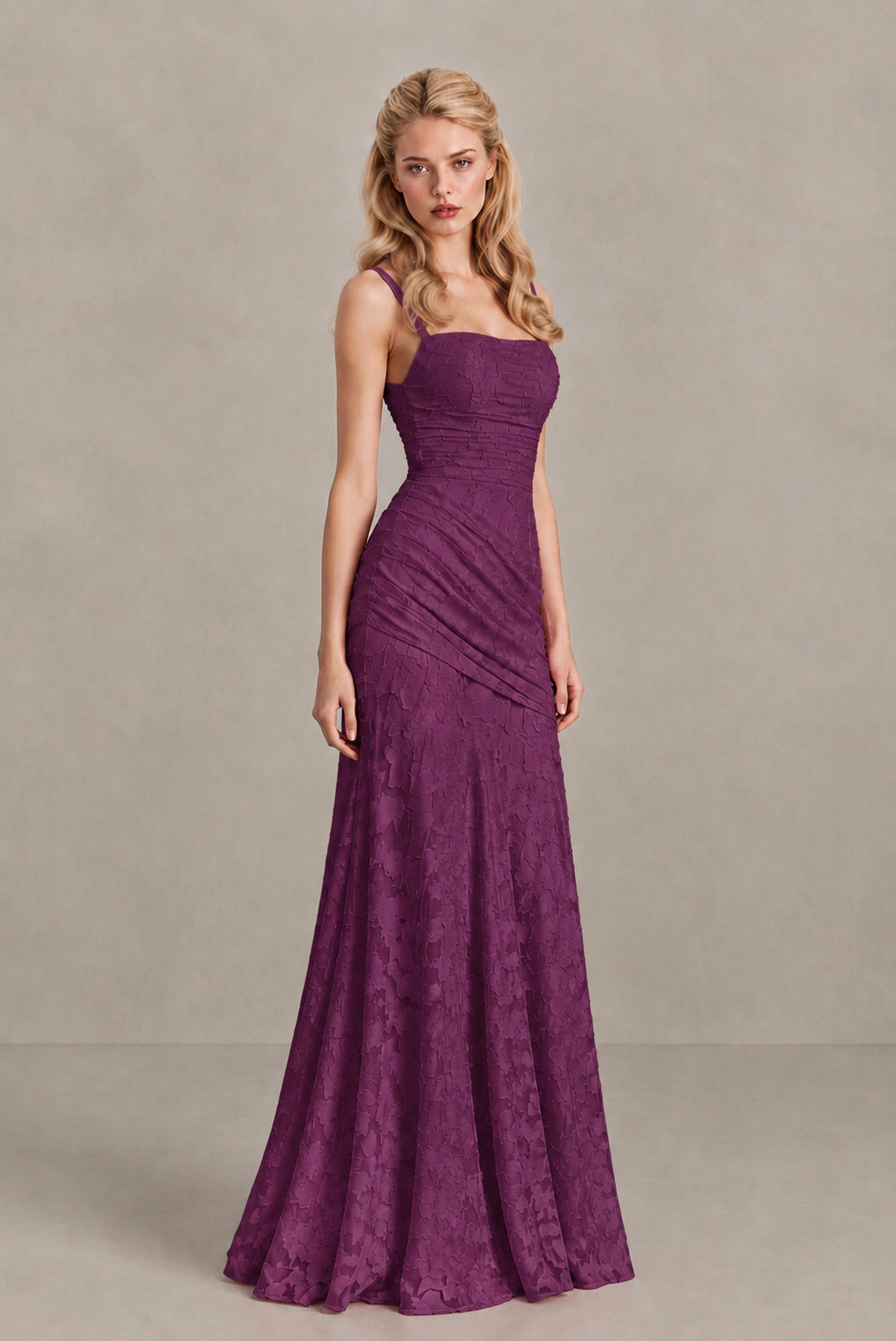 BOLODOO Plum Ruched Floral Maxi Dress with Lace-Up Back - Plum