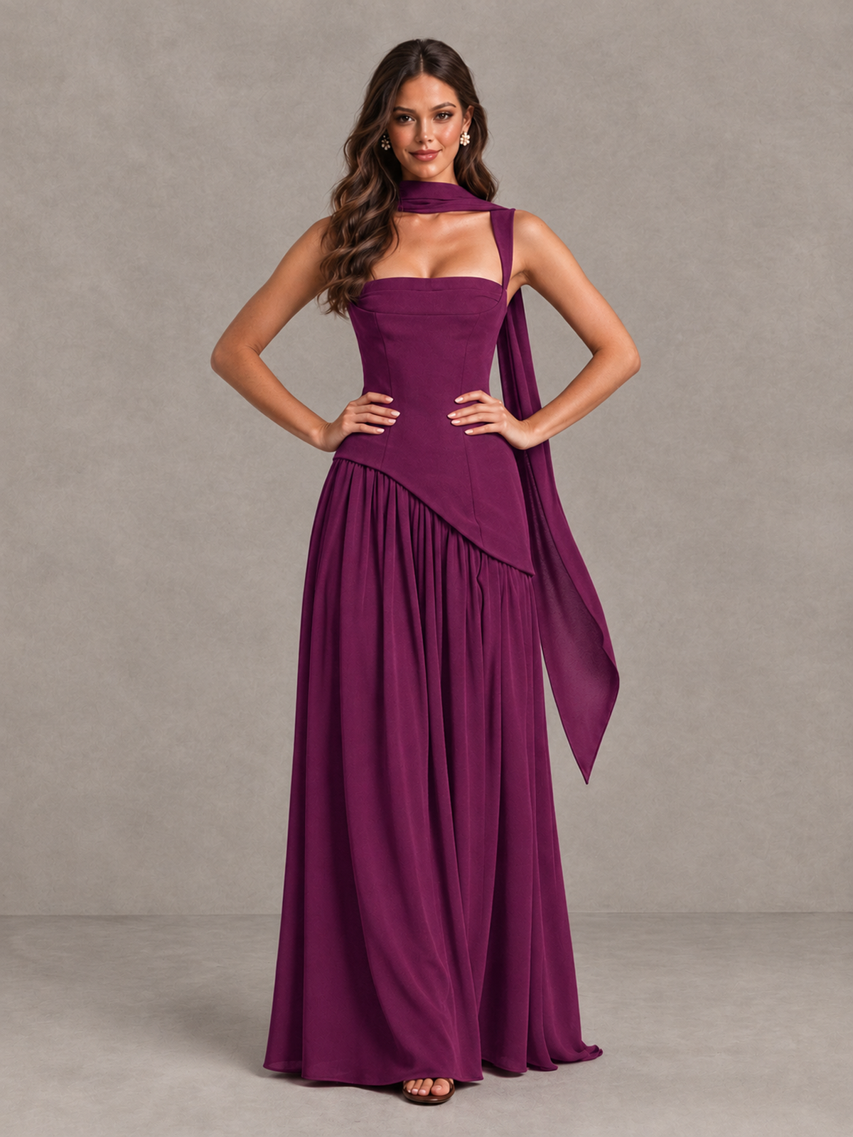 BOLODOO Plum Brown Scarf Bridesmaid Dress with Lace-Up Back - Plum - Plum (4)