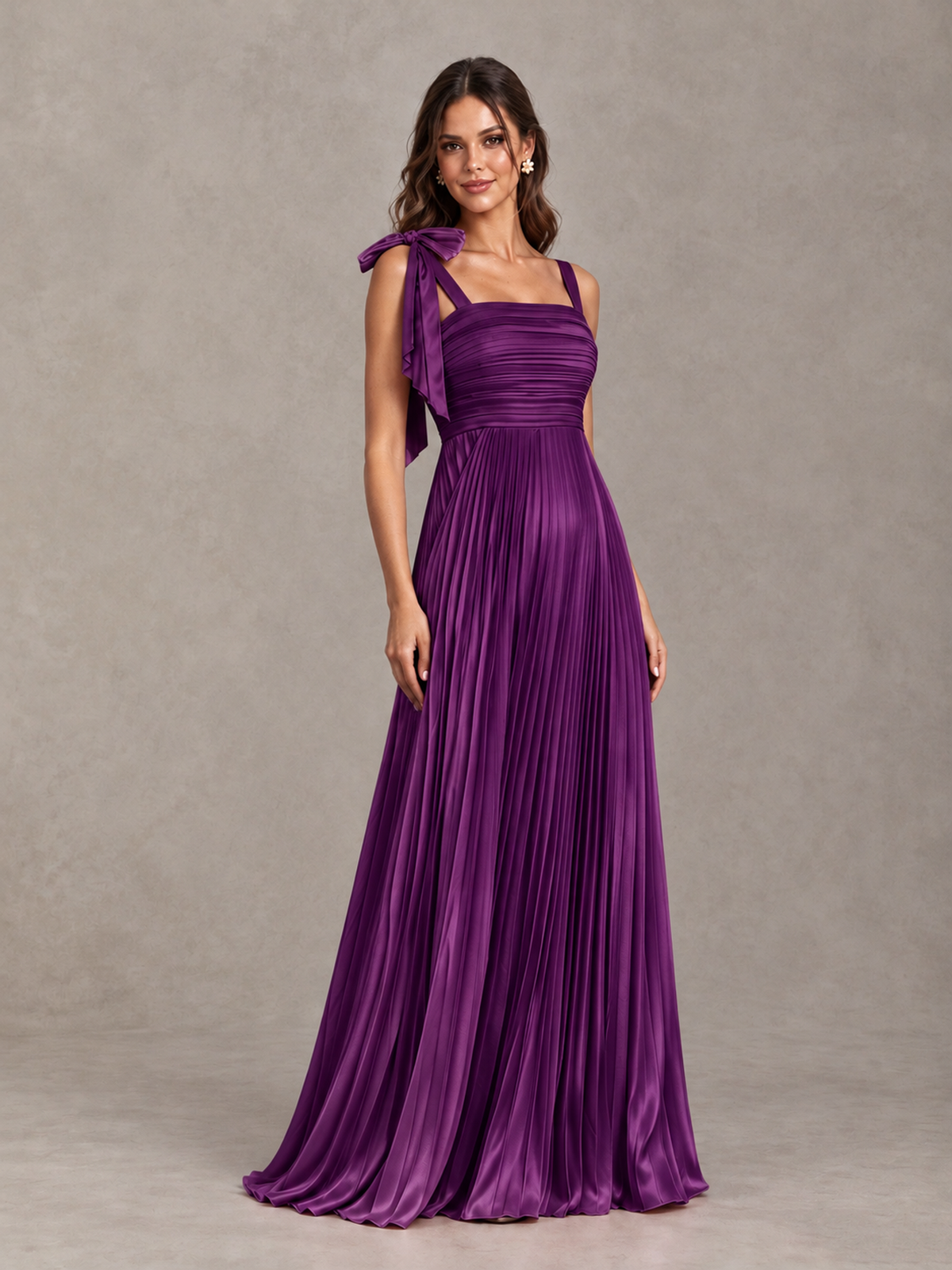 BOLODOO Plum Pleated Bow-Strap Bridesmaid Maxi Dress - Plum - Plum (4)