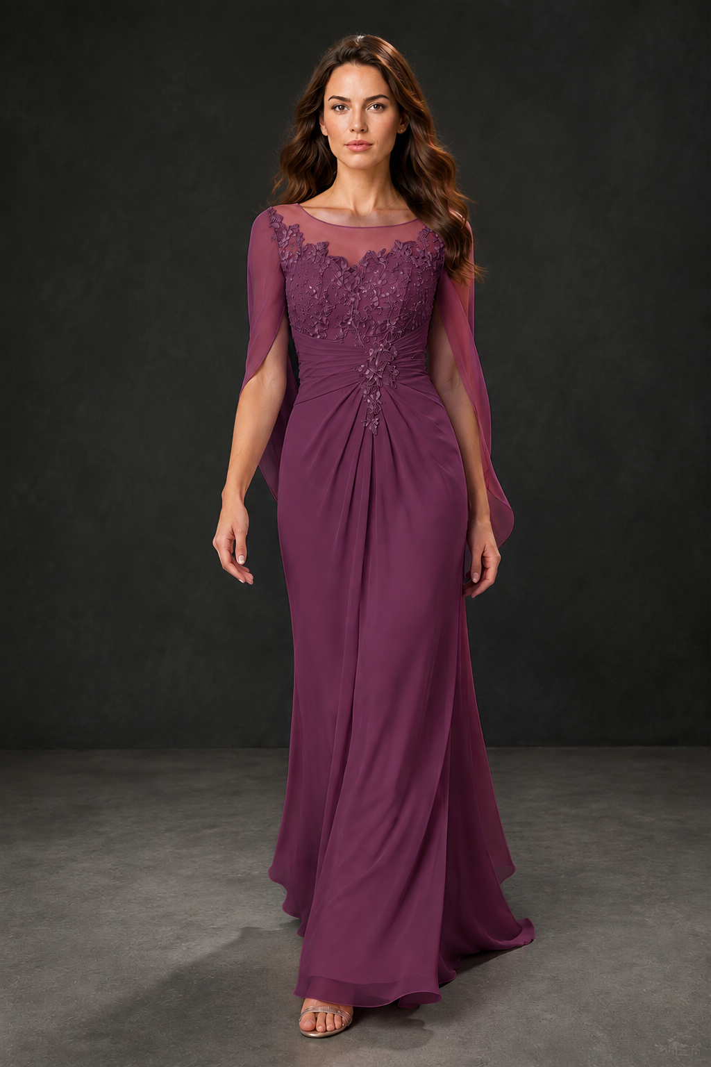 BOLODOO Plum Illusion Lace One-Side Cape Sleeve Beaded Chiffon Floor Length Gown | Mother of the Bride Evening Dress - Plum