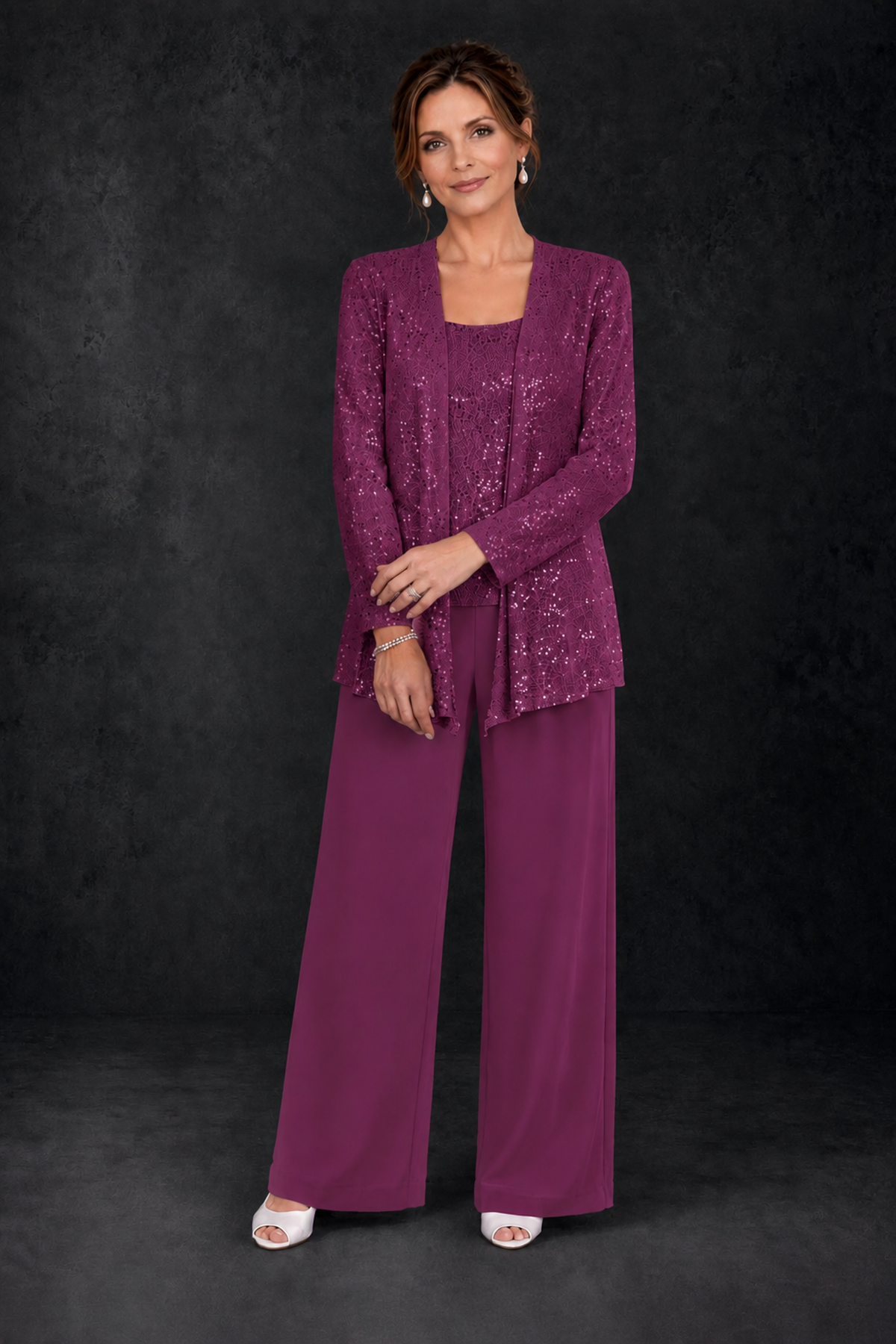 BOLODOO Plum Sequin Lace 3-Piece Pant Suit with Long Sleeve Jacket - Plum - Plum (4)