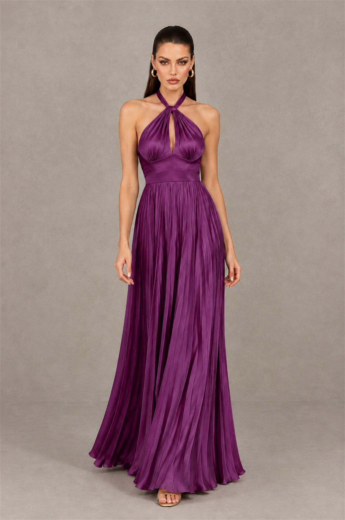 BOLODOO Plum Halter Pleated A-Line Evening Dress - Plum - Plum (4)