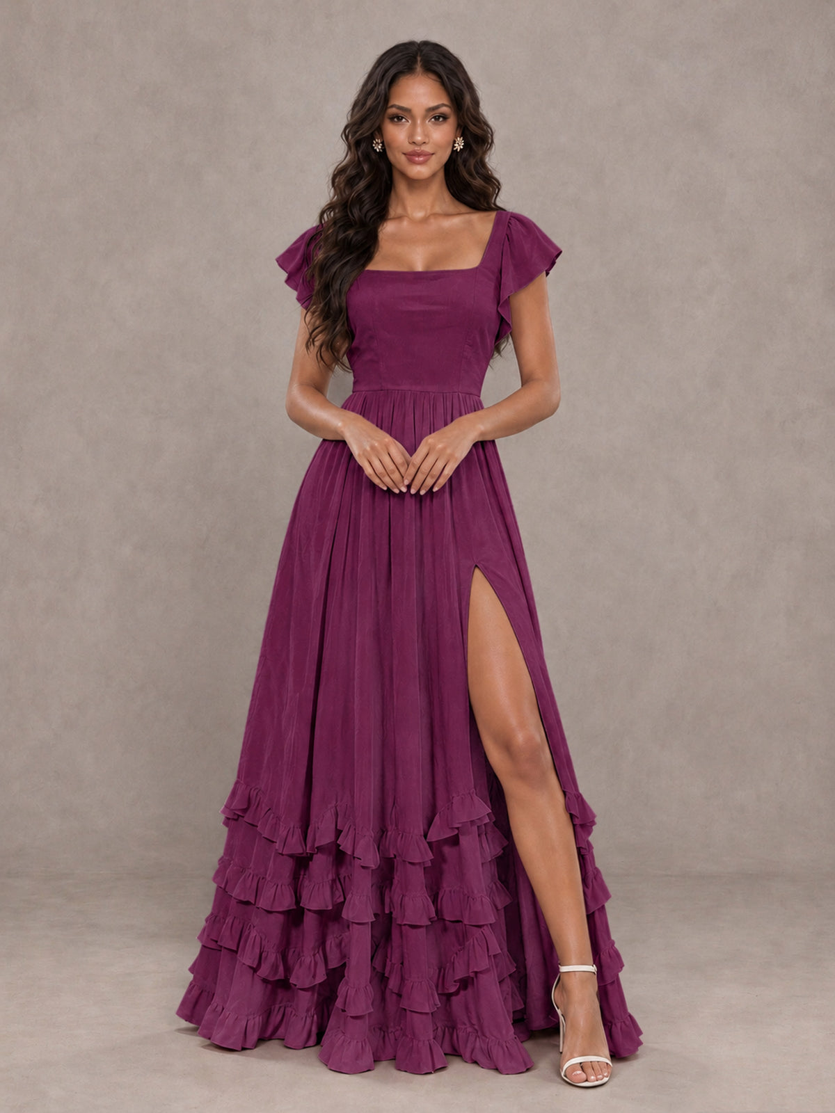 BOLODOO Plum Flutter Sleeve Ruffle Bridesmaid Dress with Slit - Plum - Plum (4)