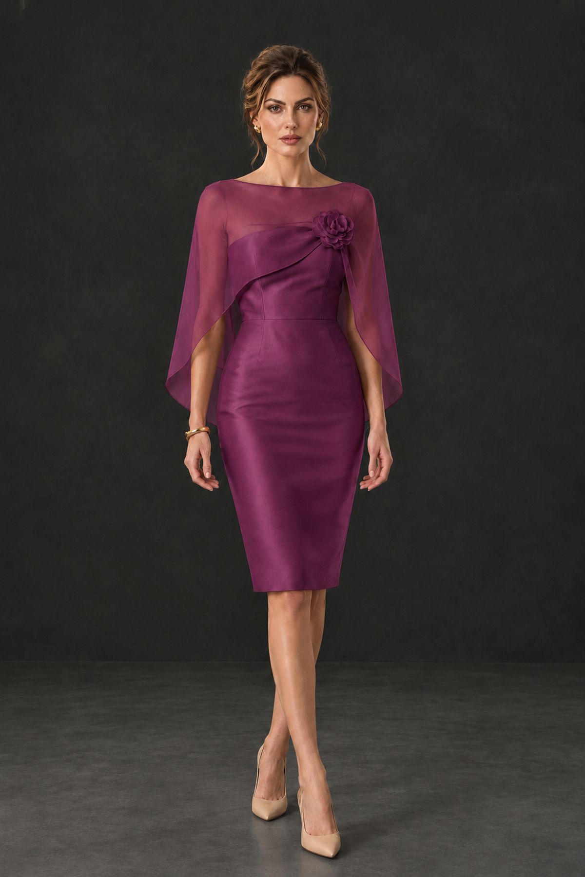 BOLODOO Plum Cape Knee-Length Mother of the Bride Dress - Plum - Plum (4)