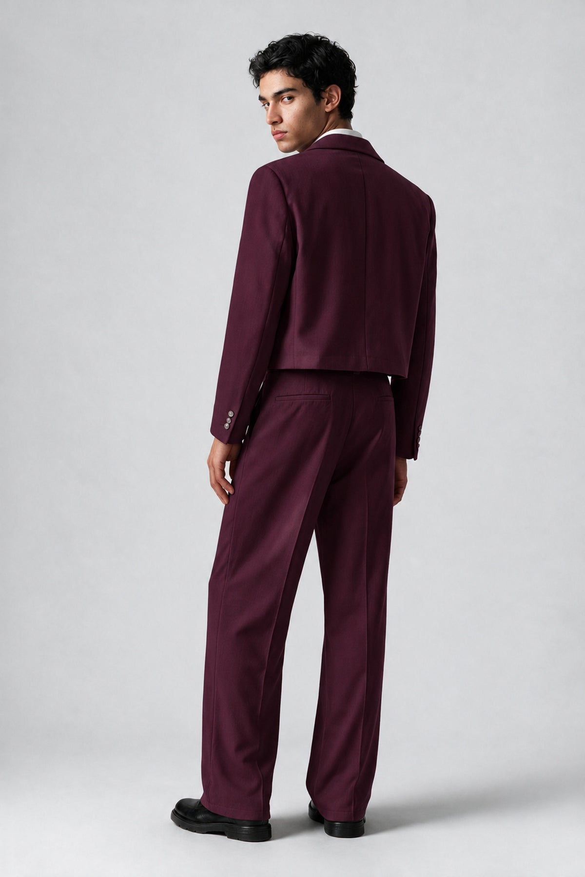 Bolodoo Men's Plum Cropped Blazer & Wide-Leg Trousers 2-Piece Suit - Plum - Plum (4)