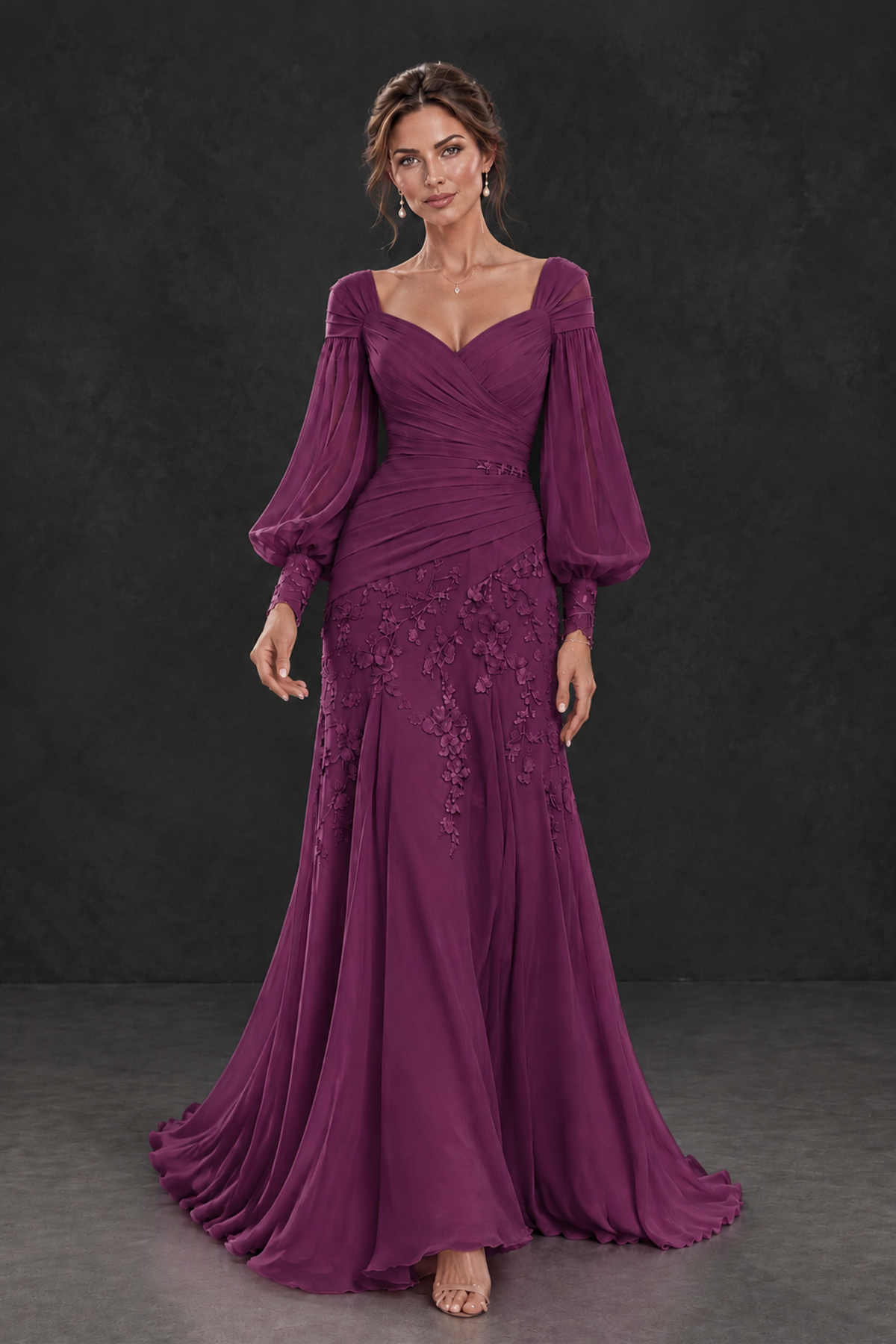 BOLODOO Plum Long Sleeve Mother of the Bride Dress with Floral Appliqués - Plum - Plum (4)